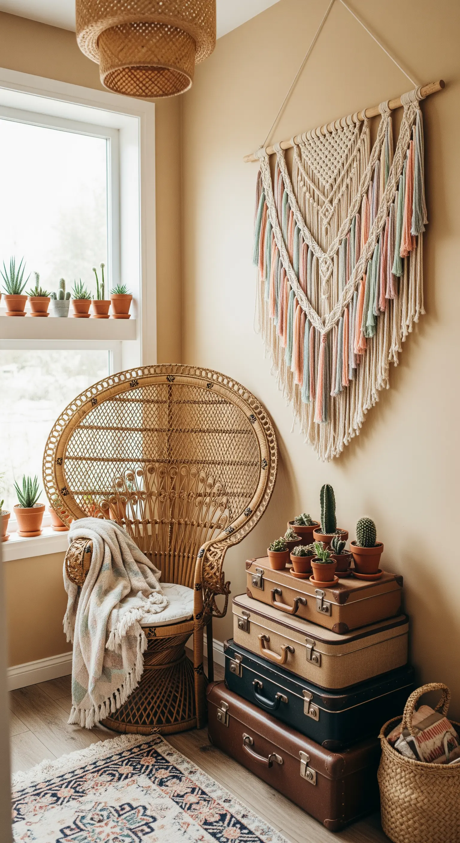 Angolo bohémien con sedia pavone, macramè alla parete e una pila di valigie vintage.