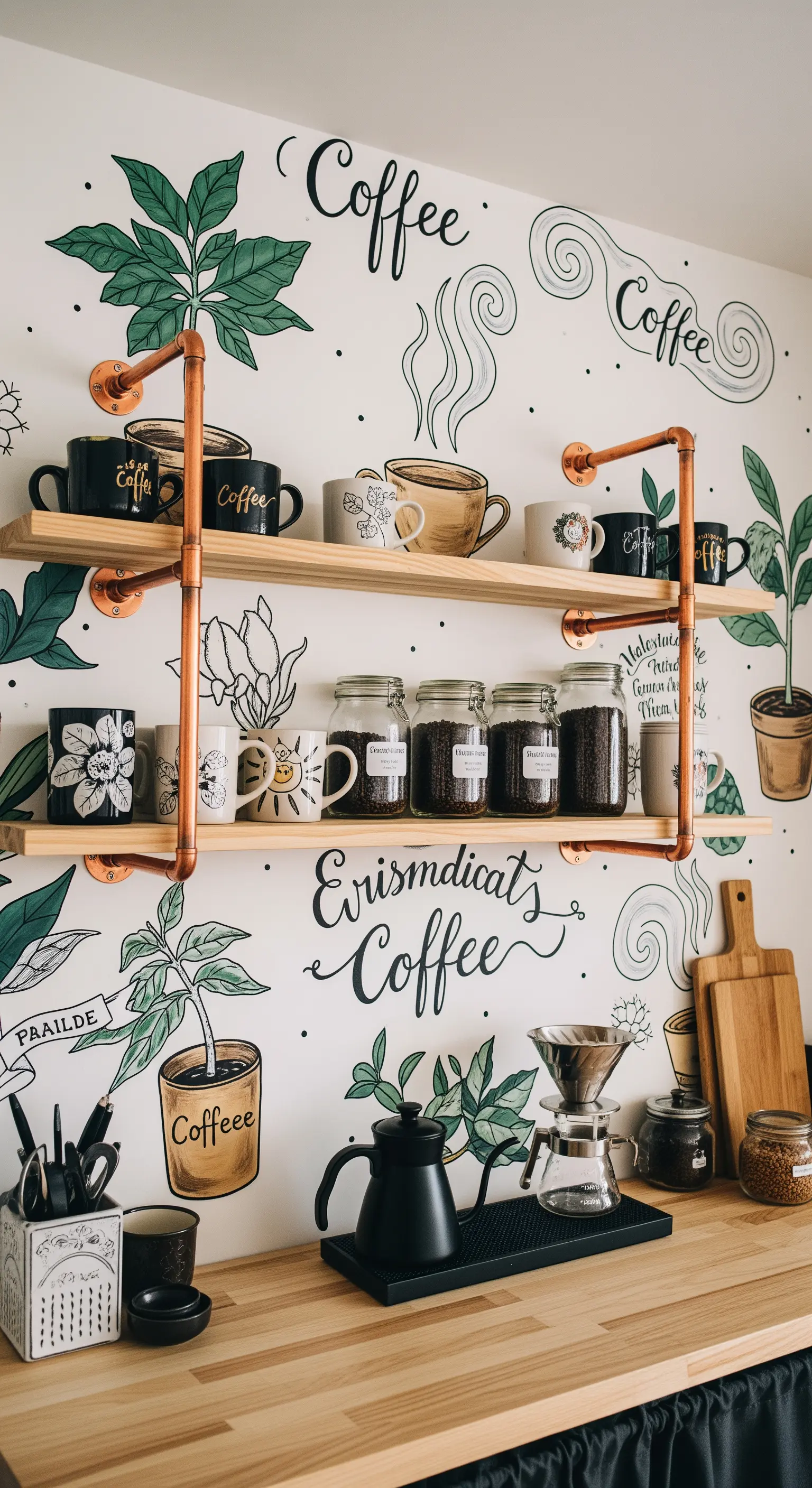 Angolo caffè con mensole in tubi di rame su una parete con disegni a tema.