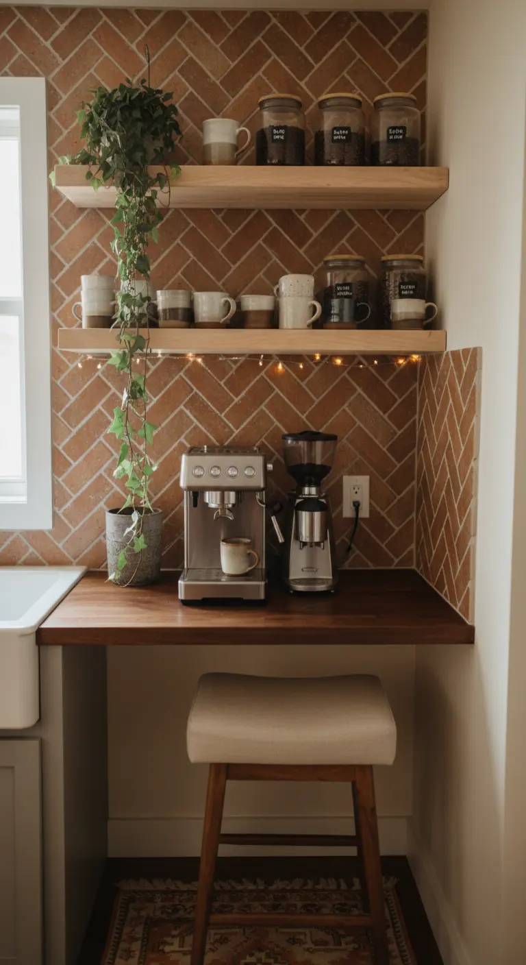 Angolo caffè con parete in mattoni a spina di pesce, macchina per espresso e mensole in legno.