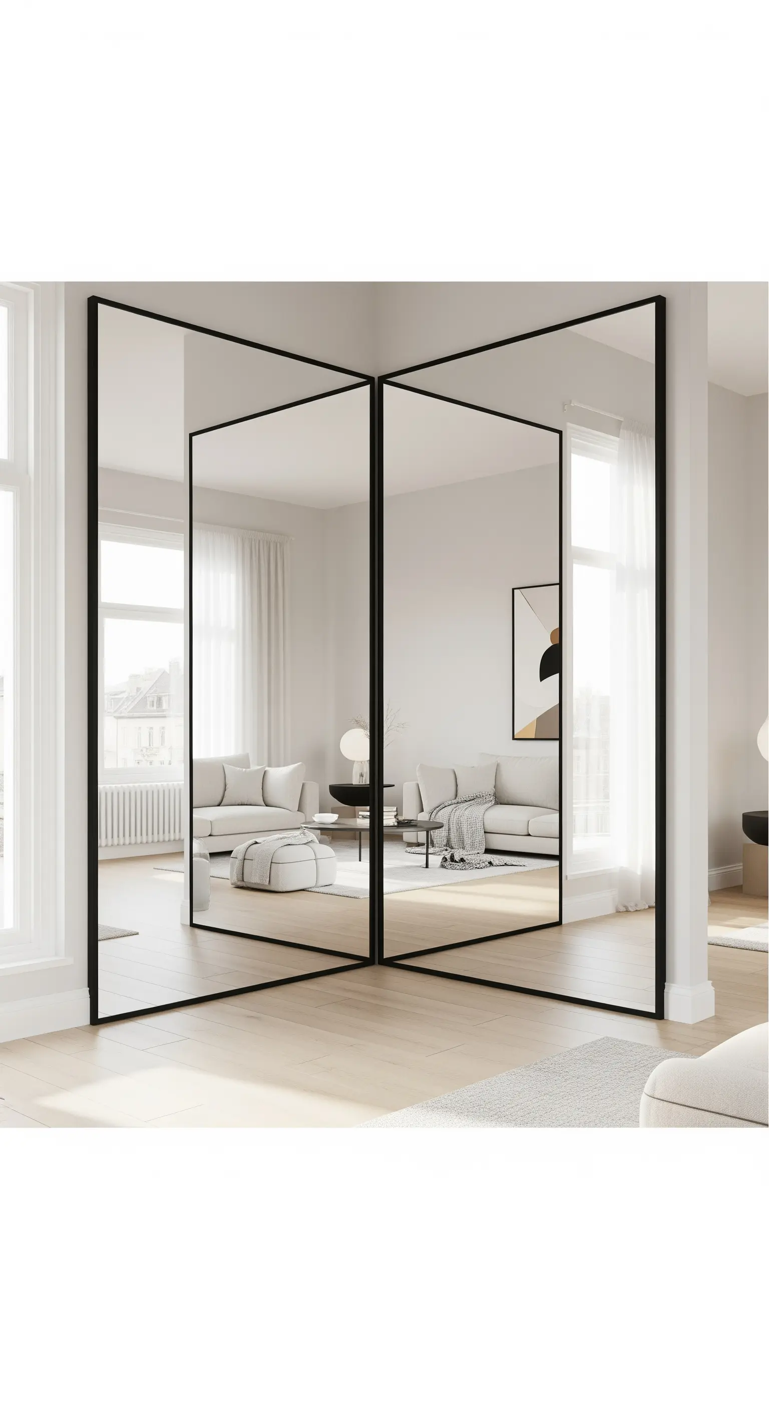 Due grandi specchi con cornice nera posizionati su un angolo per creare un effetto di continuità.