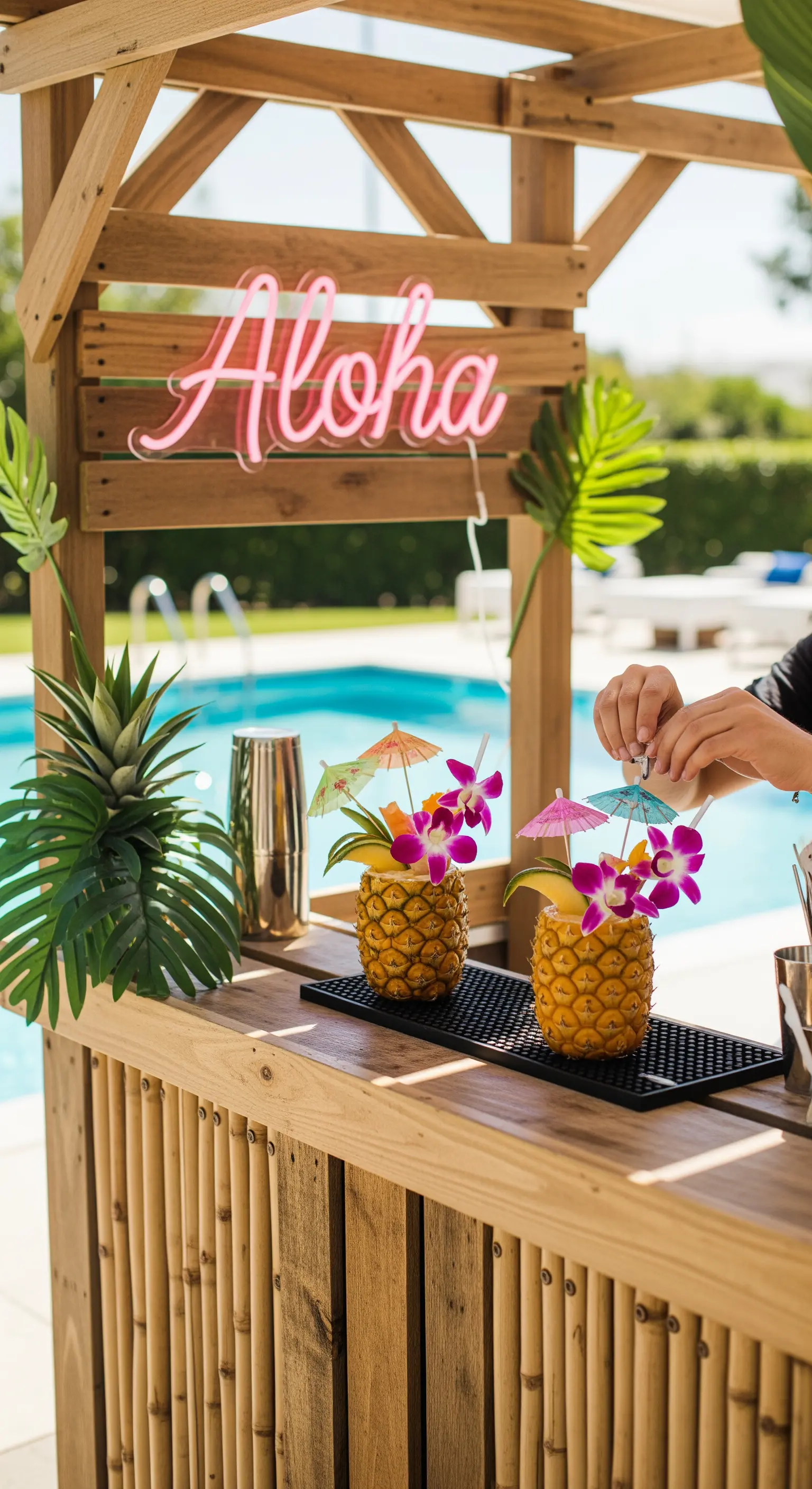 Chiosco bar in legno con scritta al neon 