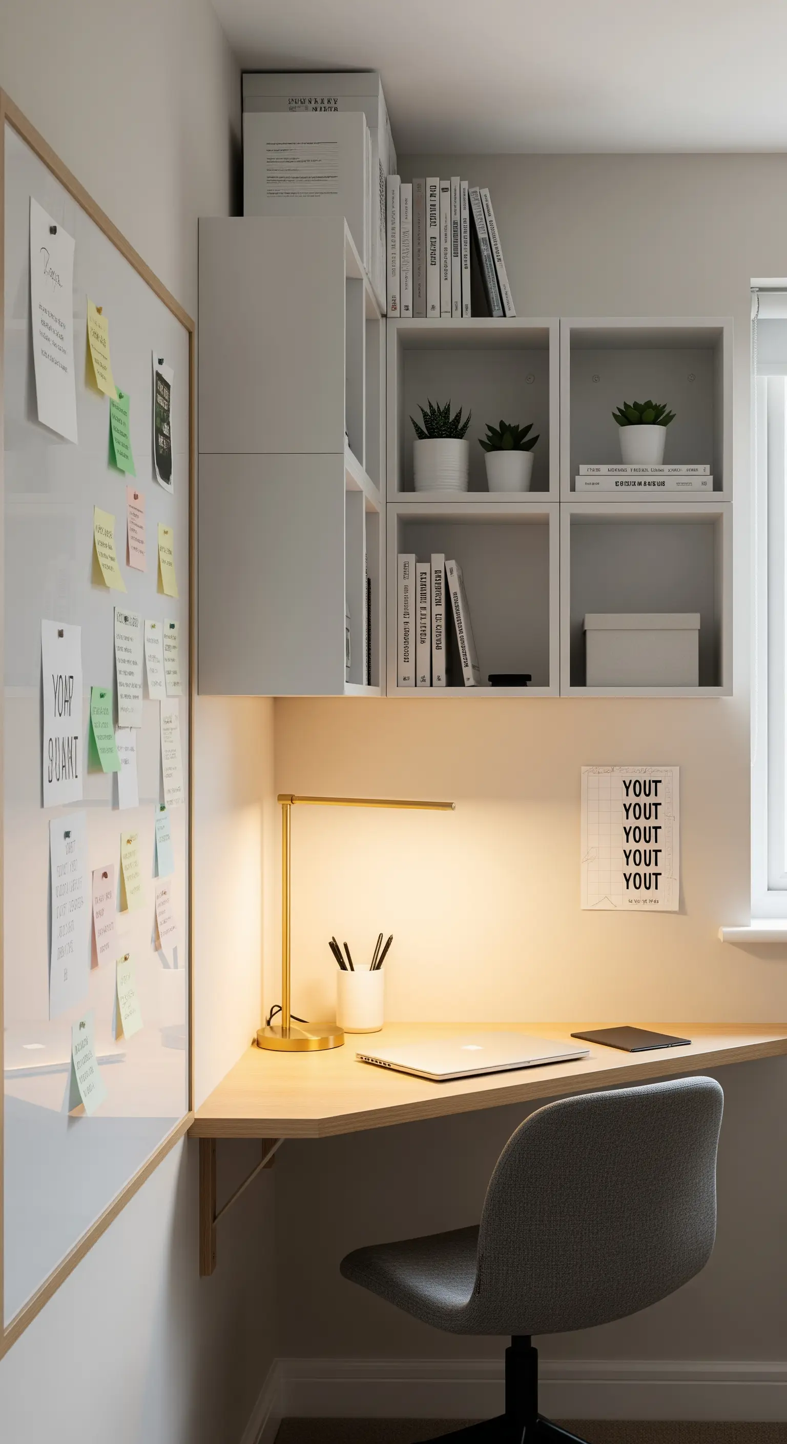 Scrivania ad angolo con mensole modulari bianche e una grande lavagna per appunti.