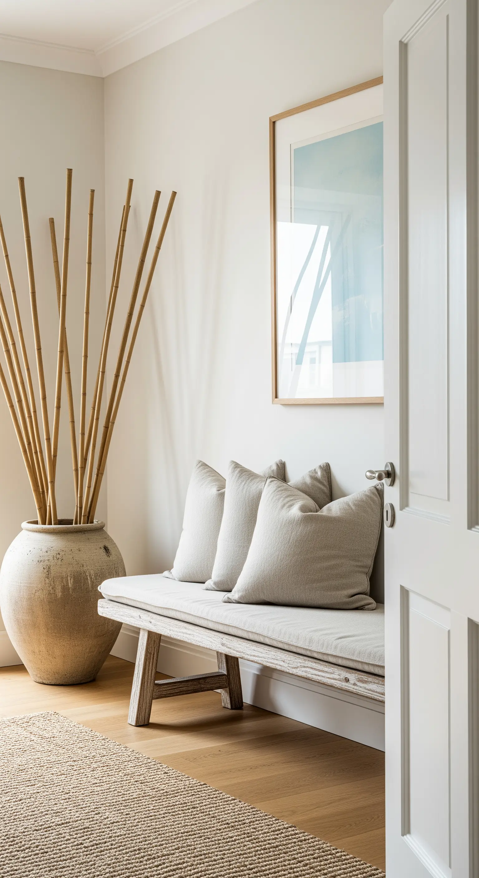 Panca in legno sbiancato con cuscini in lino e un grande vaso con canne di bambù secche.