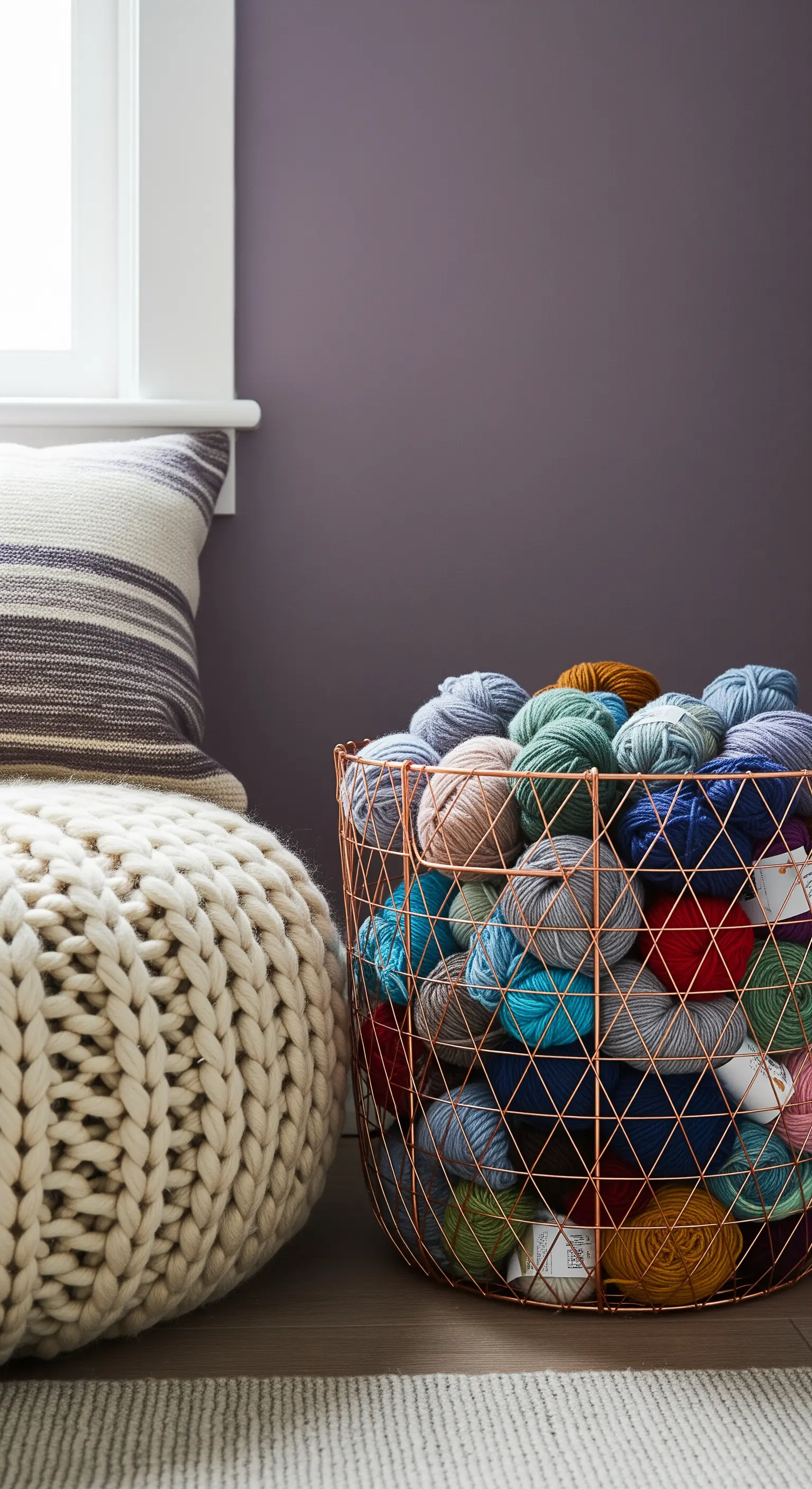 Pouf in maglia e cesto metallico color rame pieno di gomitoli su parete color malva.