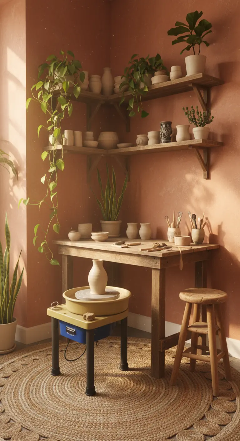 Angolo studio con tavolo in legno grezzo, mensole con ceramiche e piante su un tappeto di iuta.