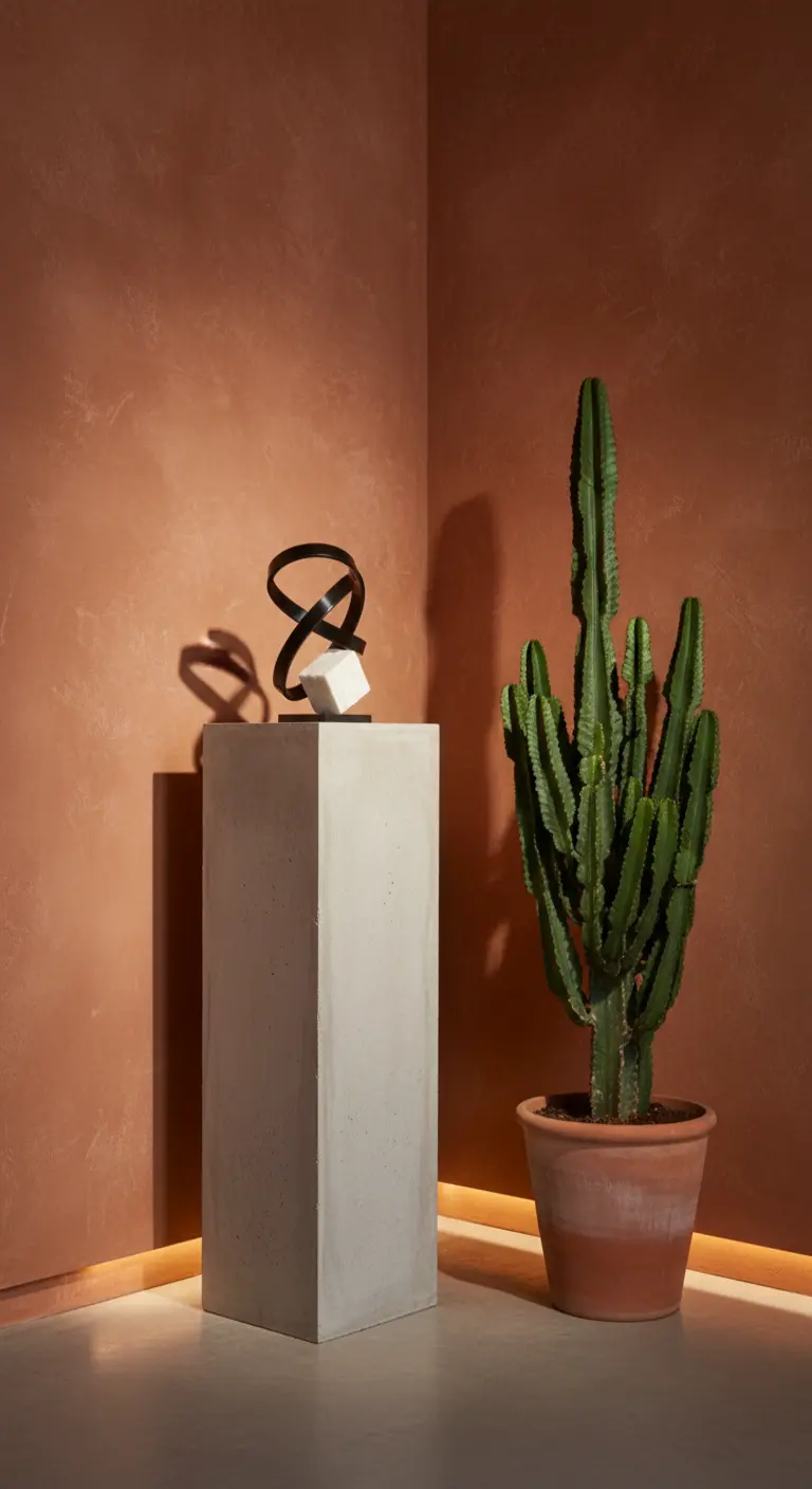 Scultura moderna su piedistallo in cemento accanto a un cactus, con illuminazione dal basso.