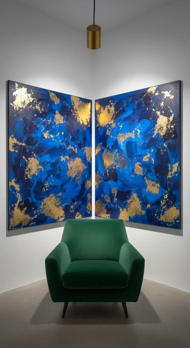 Poltrona verde posta in un angolo tra due grandi quadri astratti blu e oro.