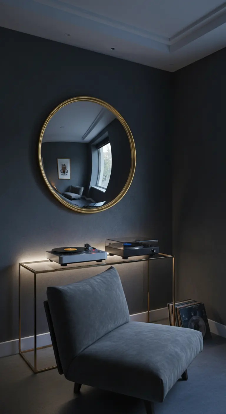 Consolle dorata con giradischi, specchio rotondo e poltrona bassa grigia.