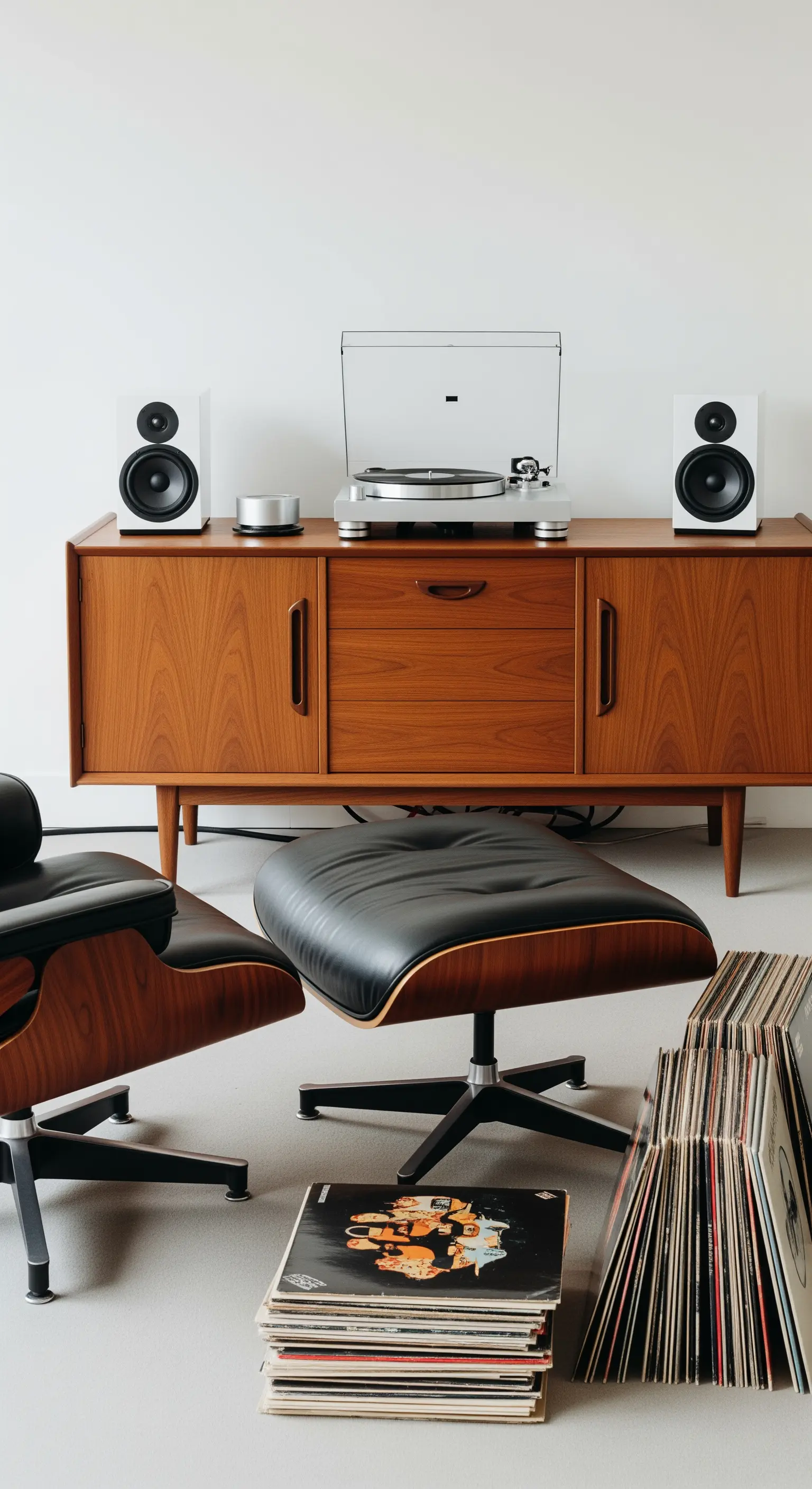 Credenza in legno con giradischi, abbinata a una poltrona lounge in pelle nera.