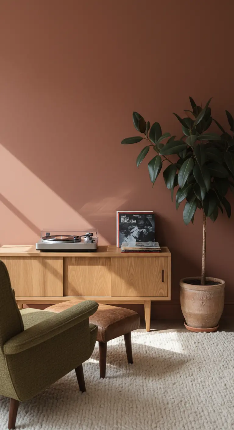 Credenza Mid-Century con giradischi, poltrona verde e Ficus Lyrata su sfondo terracotta.