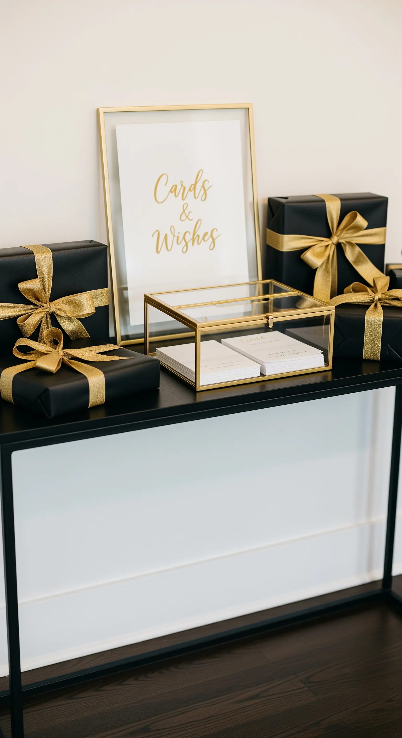Consolle nera con scatola di vetro per biglietti, pacchetti regalo e un cartello 'Cards & Wishes'.
