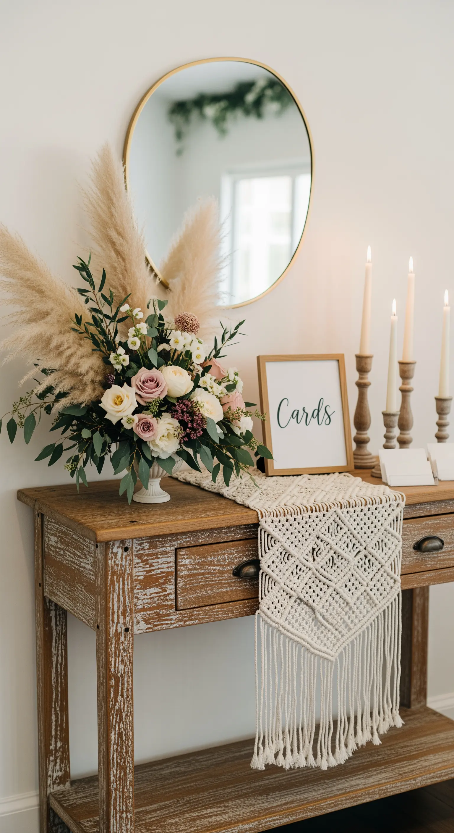 Consolle in legno con runner in macramè, fiori, candele e un cartello 'Cards'.