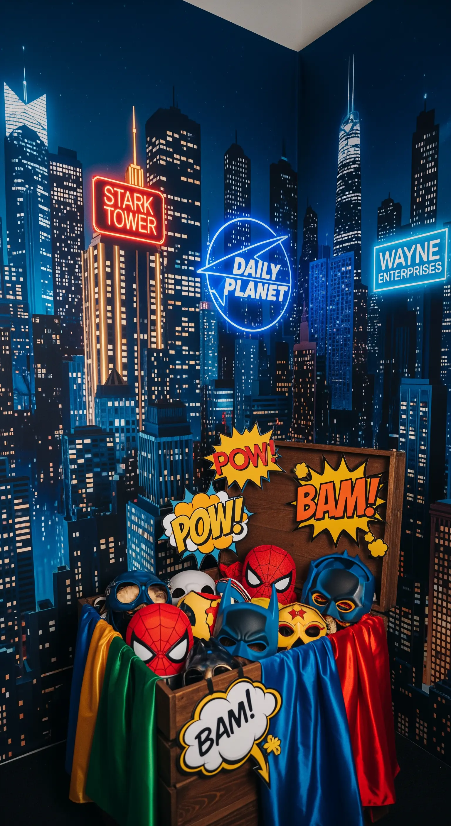 Photo corner a tema supereroi con sfondo di città e maschere in una cassa.