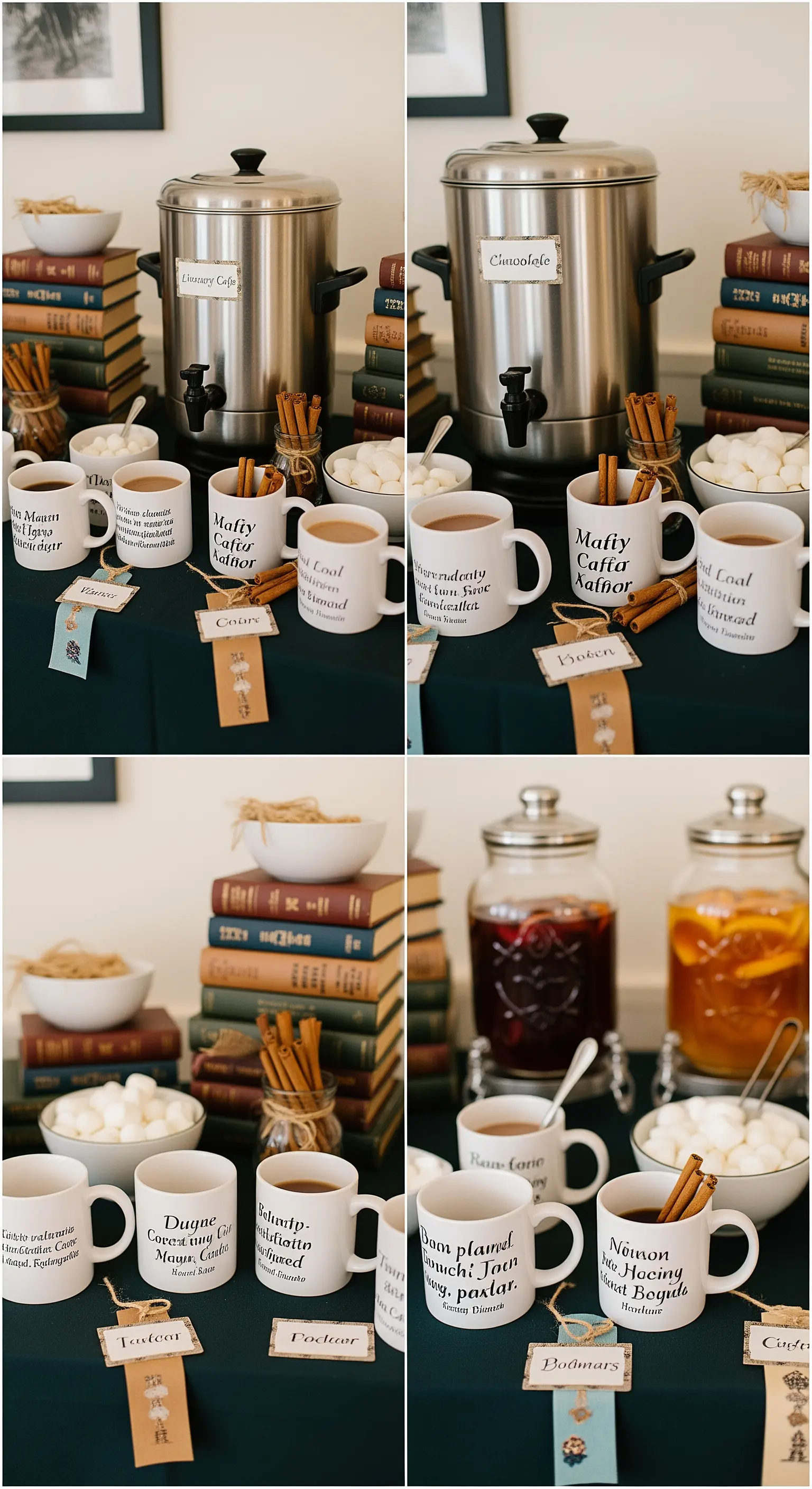 Stazione caffè e cioccolata calda a tema letterario, con tazze personalizzate e libri.