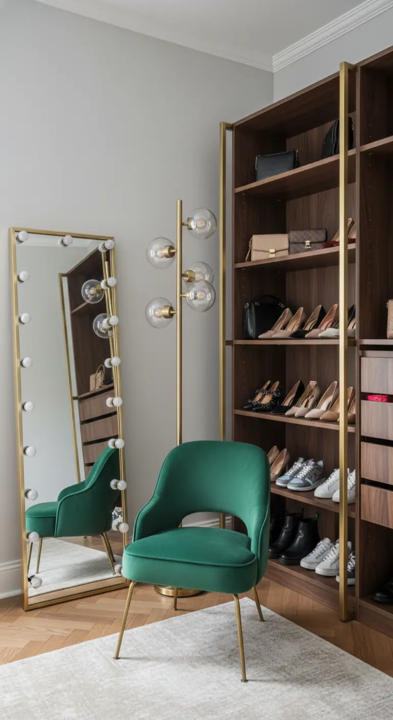 Angolo spogliatoio con poltrona verde, specchio da camerino e scaffalature a vista.