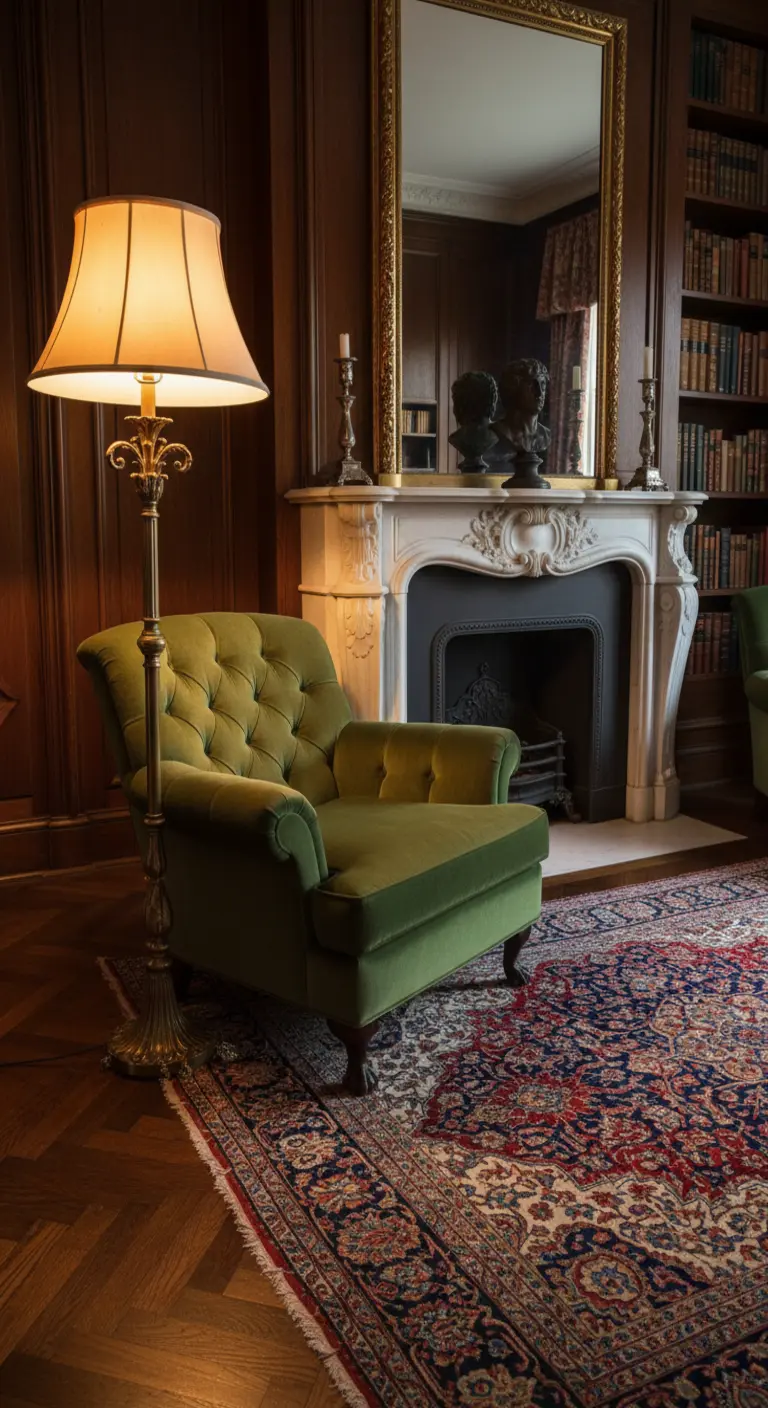 Salotto classico con poltrona capitonné verde oliva accanto a un camino in marmo.