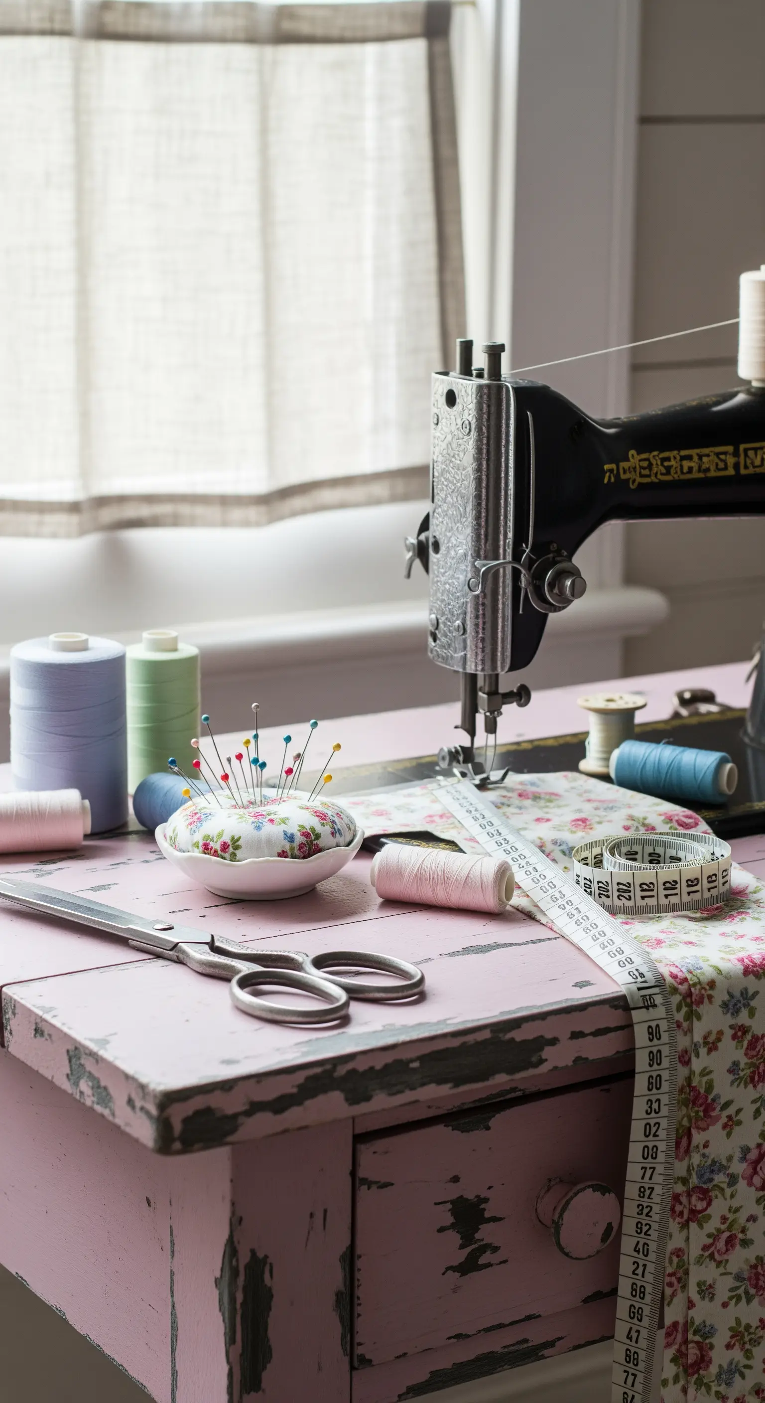 Tavolo da cucito rosa decapé con macchina da cucire vintage, rocchetti e forbici.