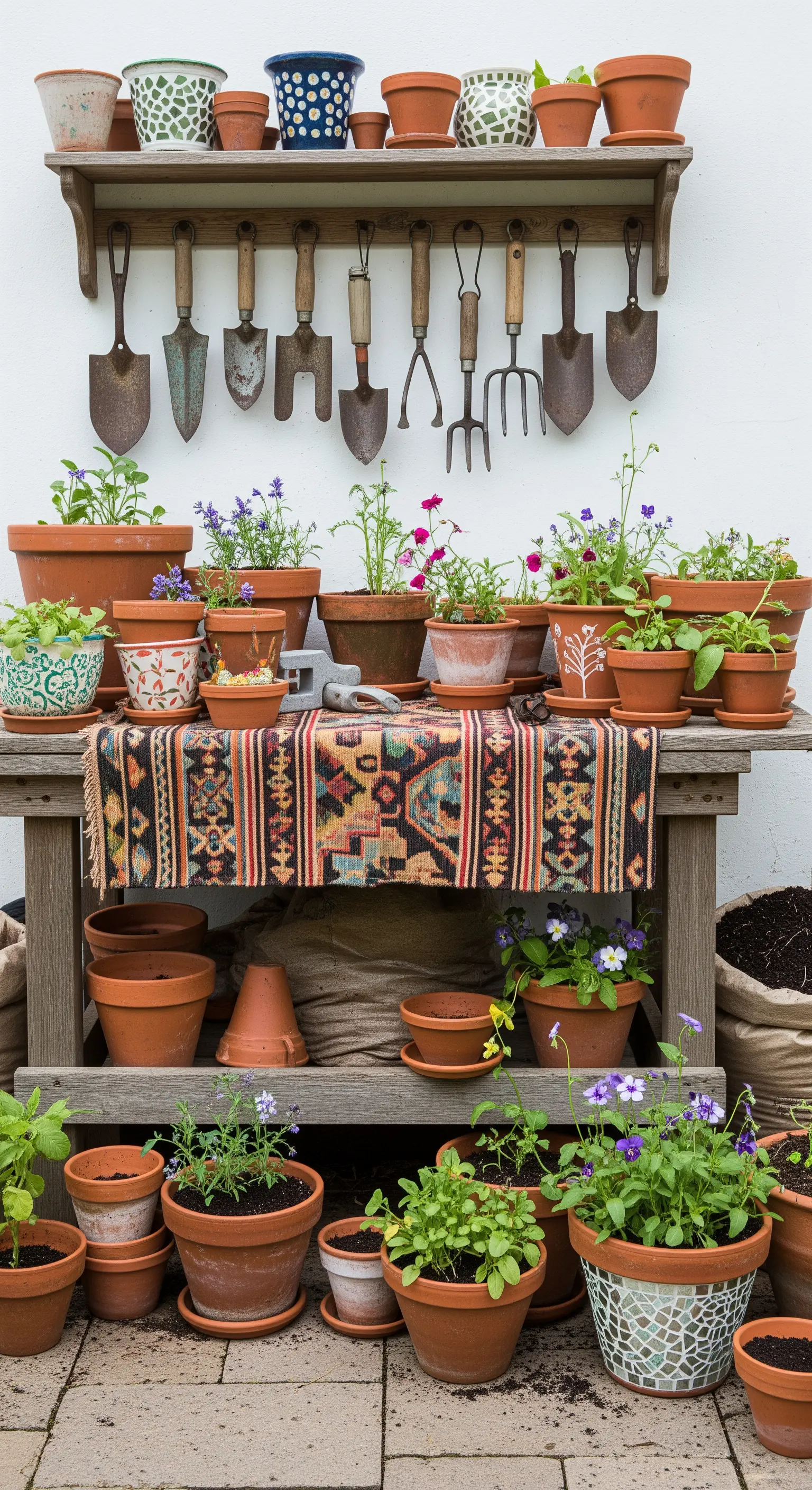 Banco da giardinaggio in legno con attrezzi appesi, runner etnico e vasi di terracotta.