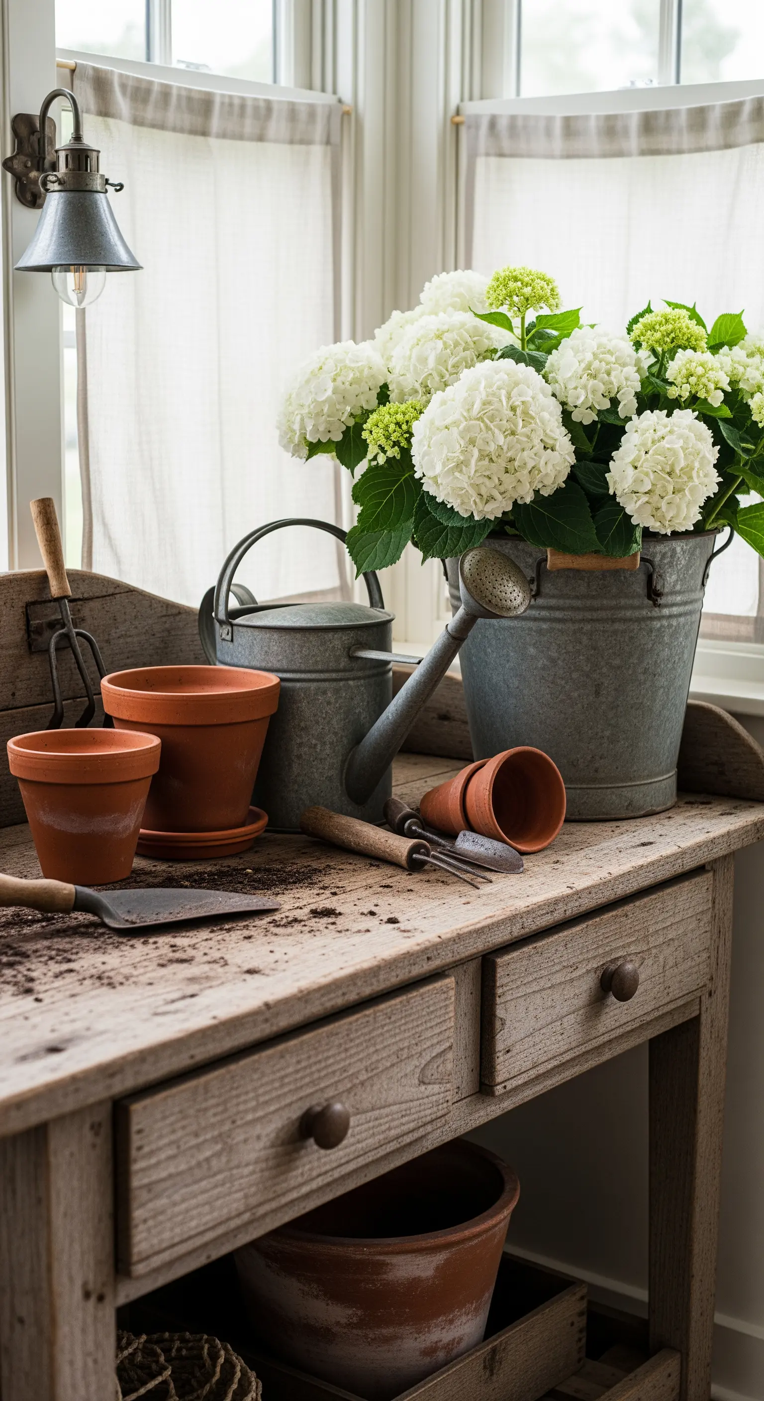 Banco da lavoro in legno con attrezzi da giardinaggio, vasi in terracotta e ortensie bianche.