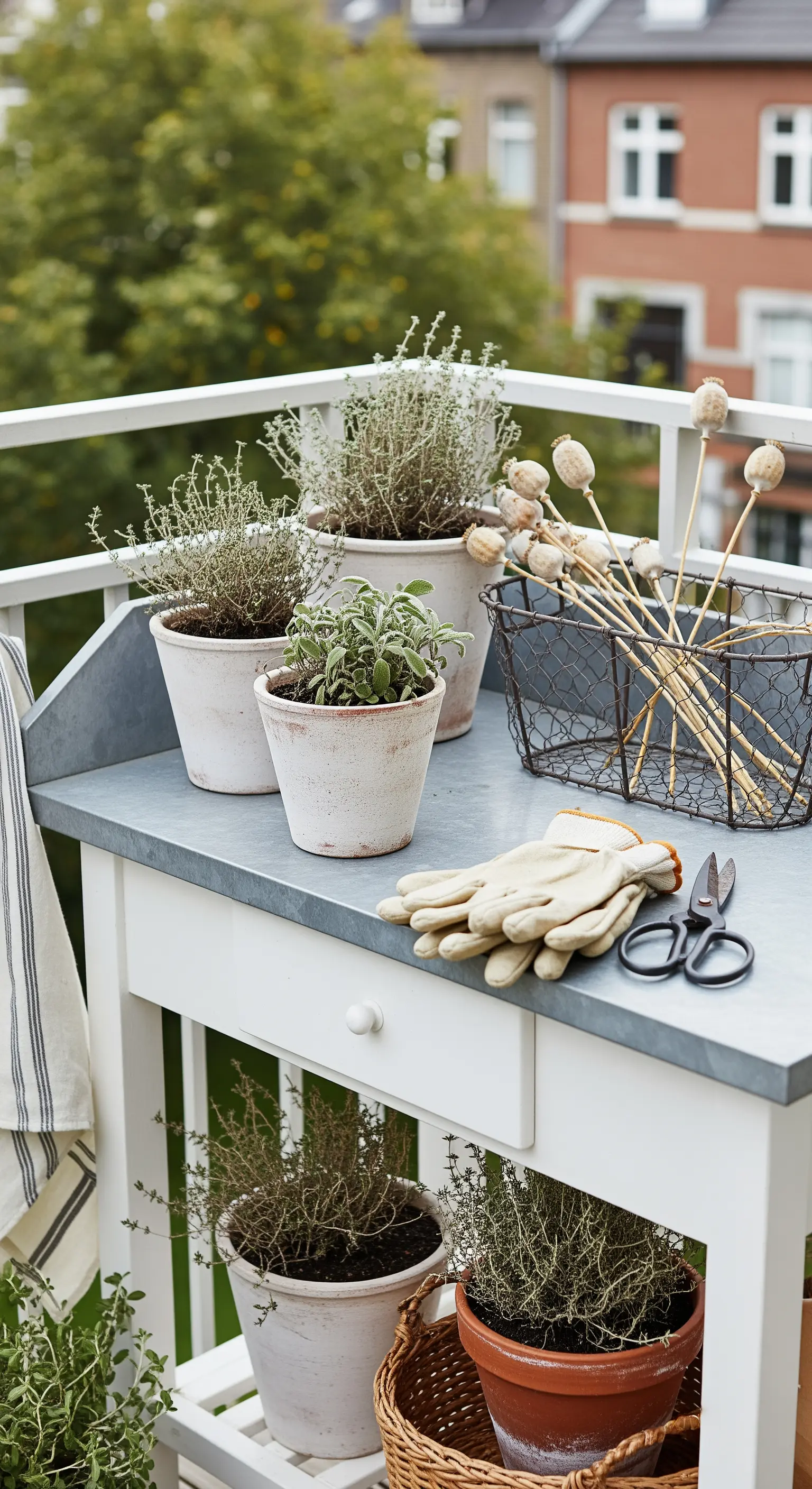 Tavolo da giardinaggio bianco con piano in zinco, vasi di erbe aromatiche e papaveri secchi.