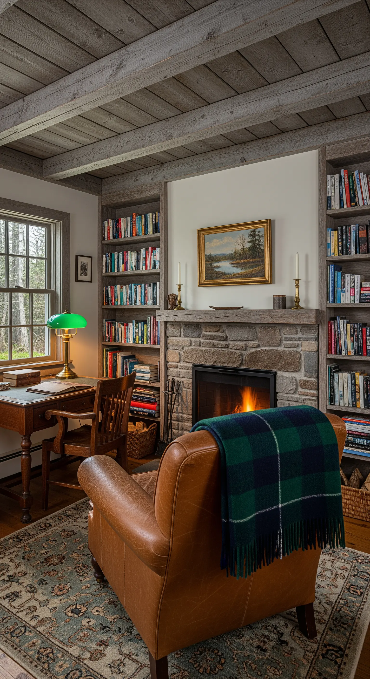 Angolo lettura con camino in pietra, librerie a muro e poltrona in pelle