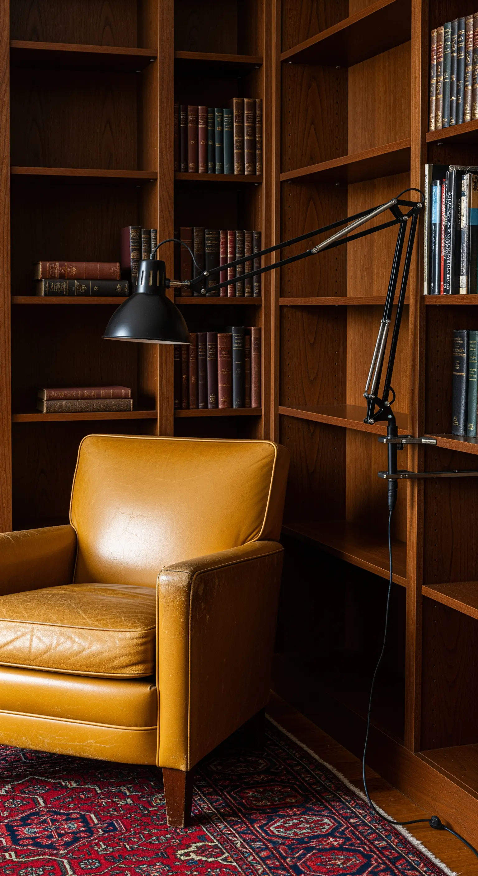 Poltrona in pelle senape in una libreria, con lampada tecnica nera e tappeto persiano.