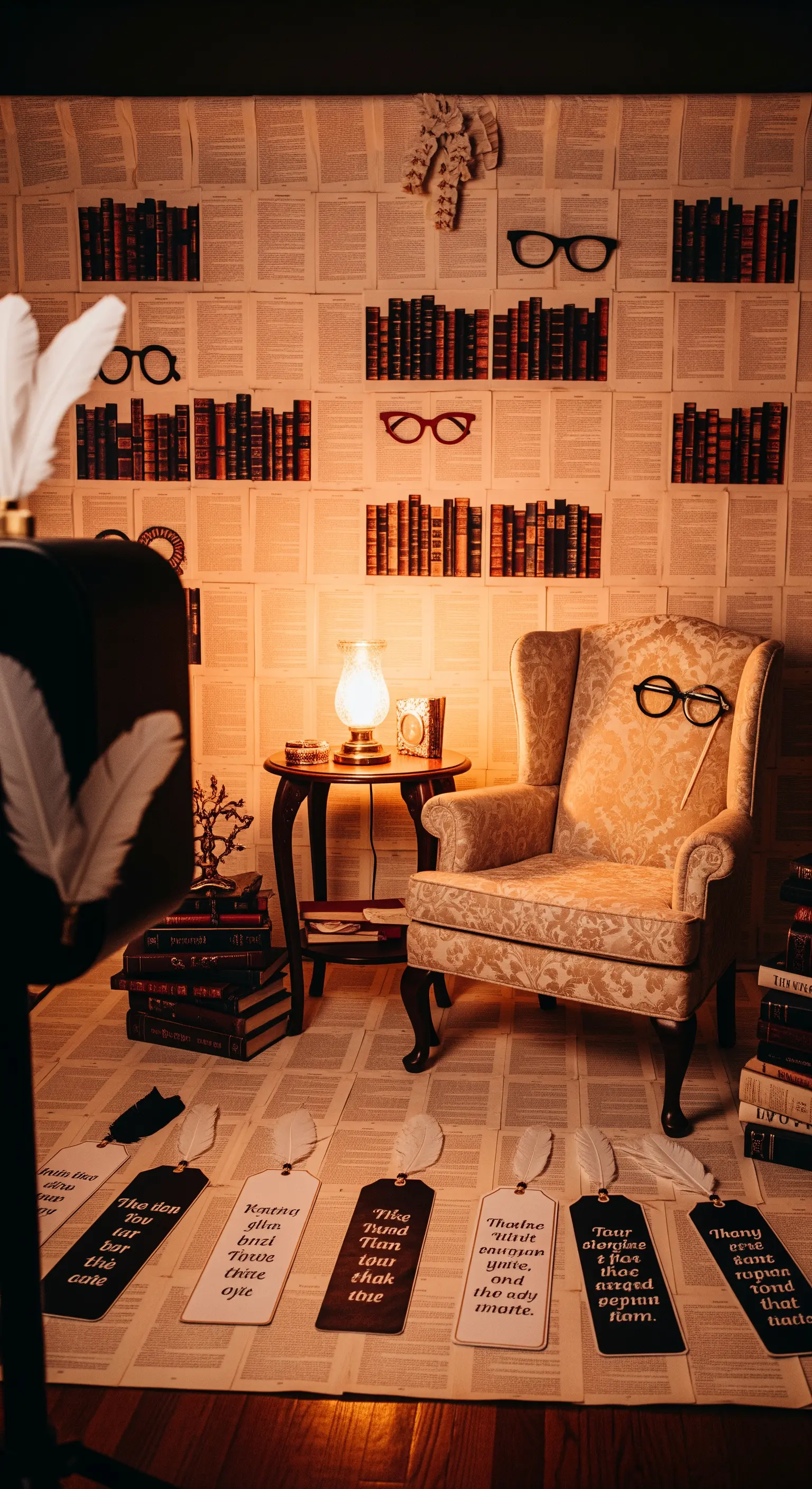 Angolo photo booth a tema letterario con sfondo di pagine di libri e poltrona vintage.