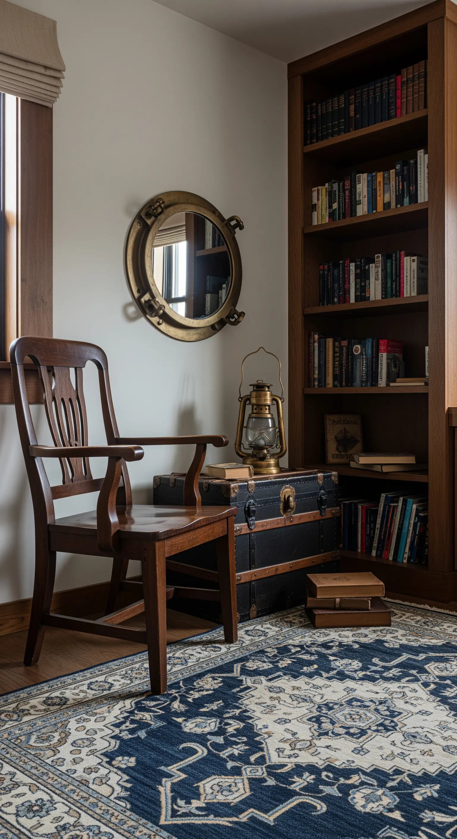 Angolo a tema nautico con sedia in legno, specchio a oblò, baule e lanterna da marinaio.