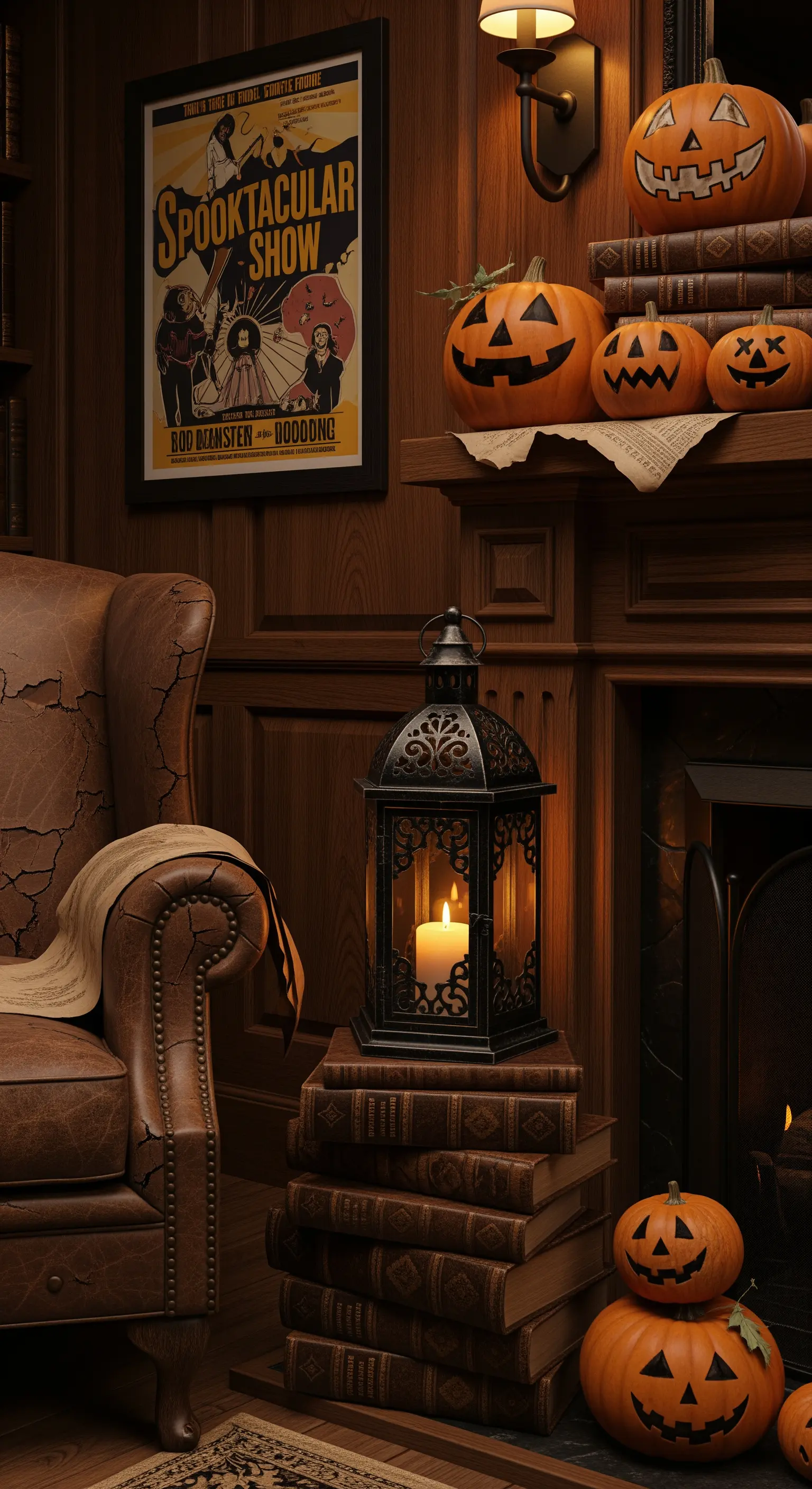 Angolo lettura con poltrona in pelle, camino con zucche intagliate e una lanterna su una pila di libri.