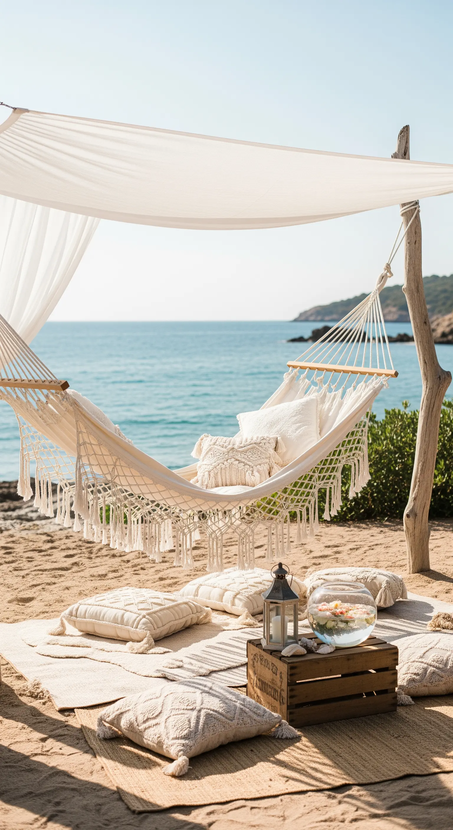Angolo relax bohémien sulla spiaggia con amaca in macramè, cuscini e una lanterna.