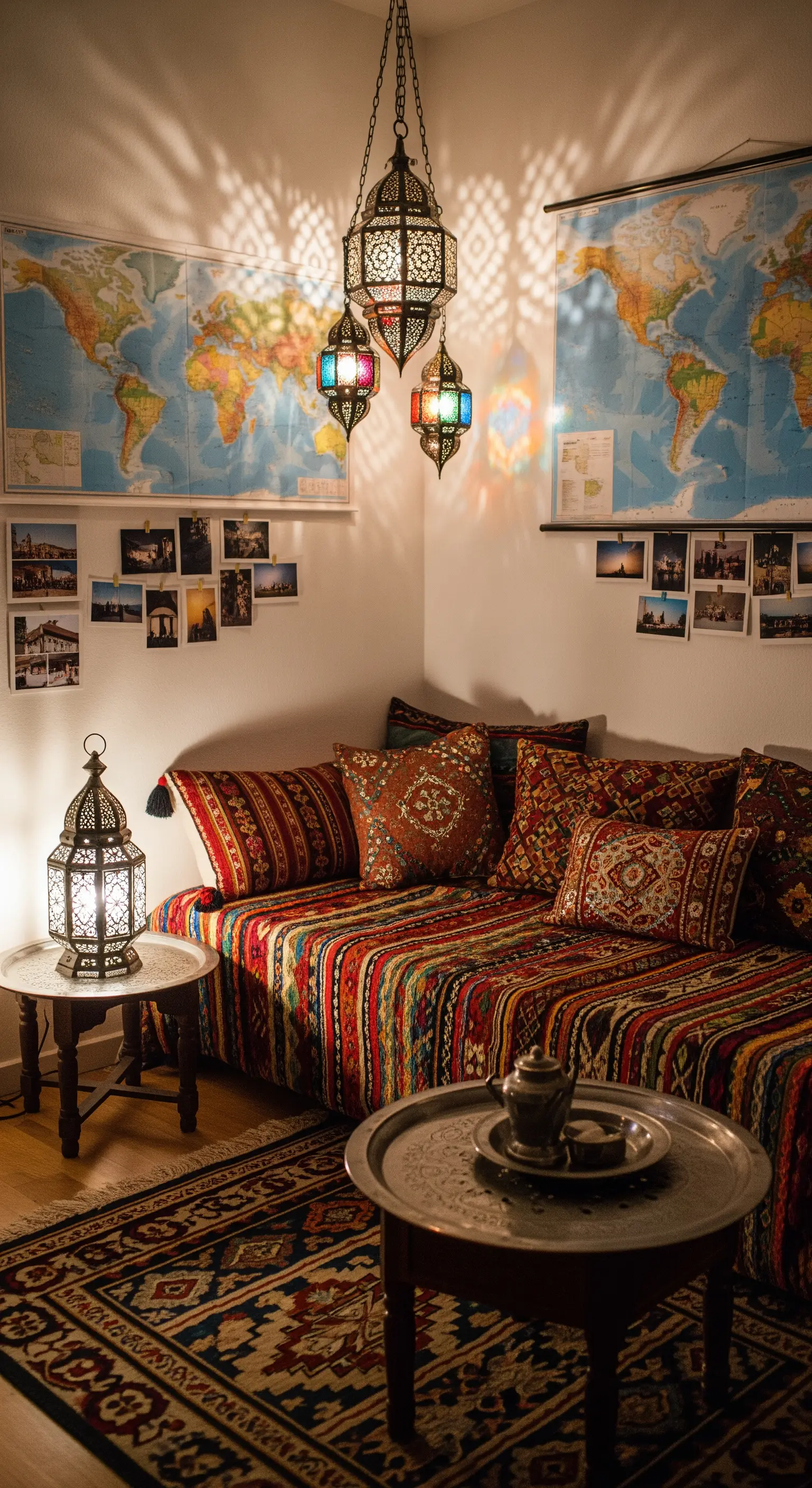 Daybed con tessuti etnici colorati, lanterne marocchine e mappe del mondo appese alle pareti.