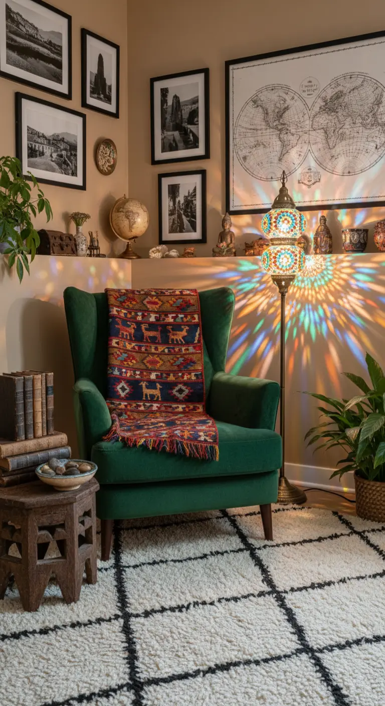 Poltrona in velluto verde con un kilim, illuminata da una lampada a mosaico turca.