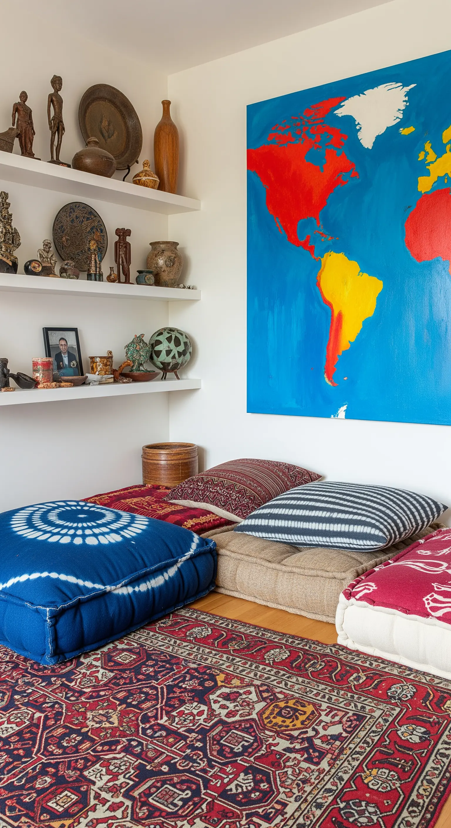 Angolo relax con cuscini etnici, mensole con souvenir di viaggio e una grande mappa del mondo colorata.
