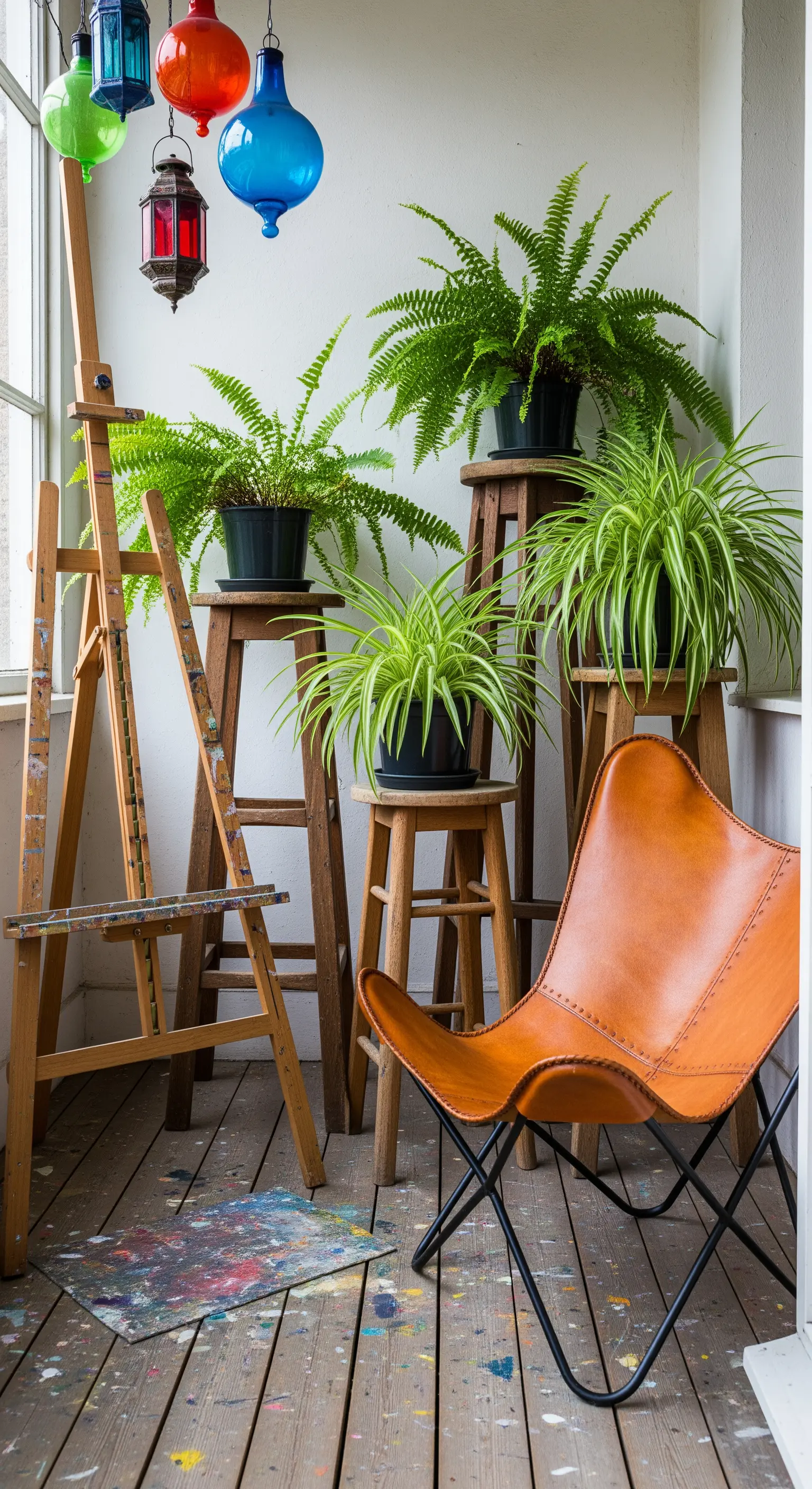 Balcone bohémien con sedia in cuoio, cavalletto da pittore e piante su sgabelli.