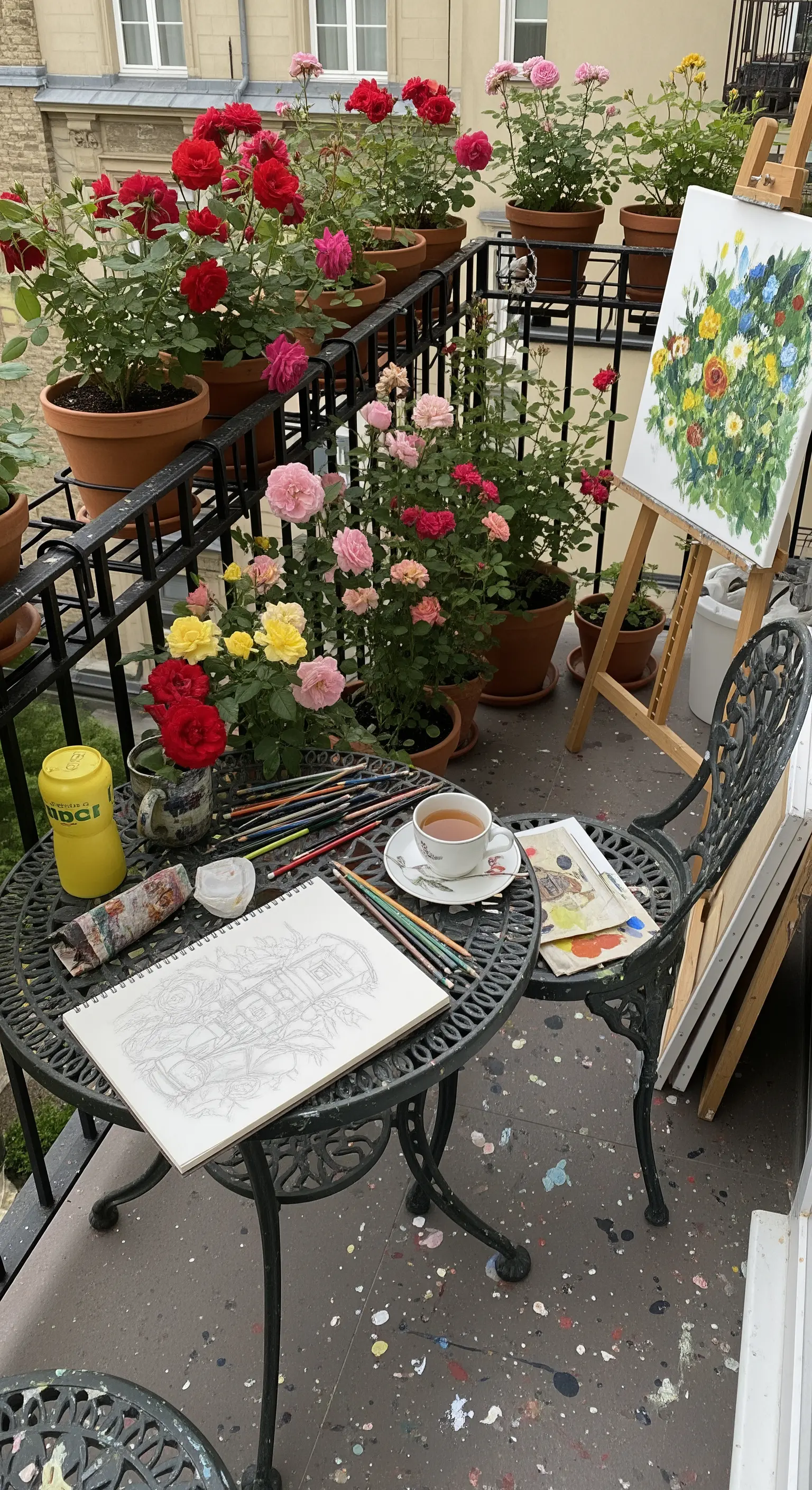 Balcone allestito come studio d'artista, con cavalletto, colori e vasi di rose