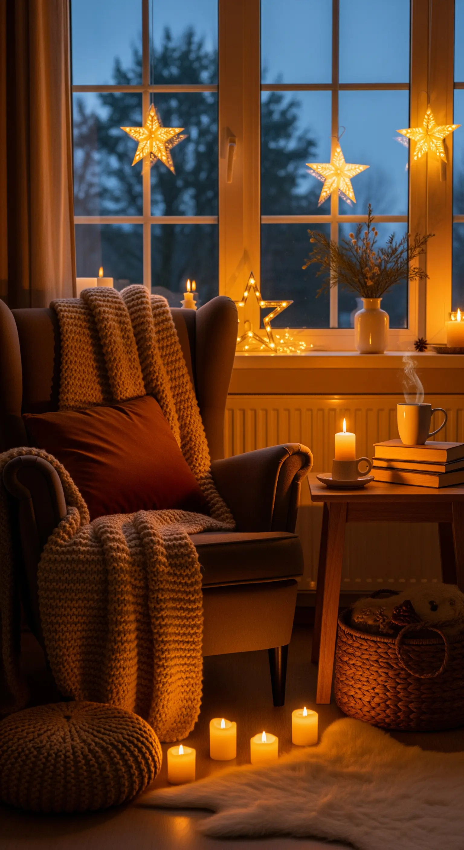 Angolo lettura accogliente con poltrona, plaid, candele e luci a forma di stella.