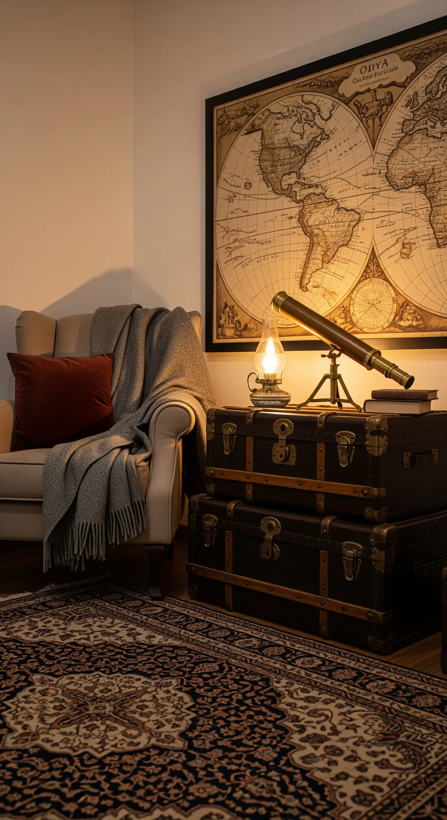 Angolo lettura con poltrona, bauli da viaggio, una grande mappa antica e un telescopio.