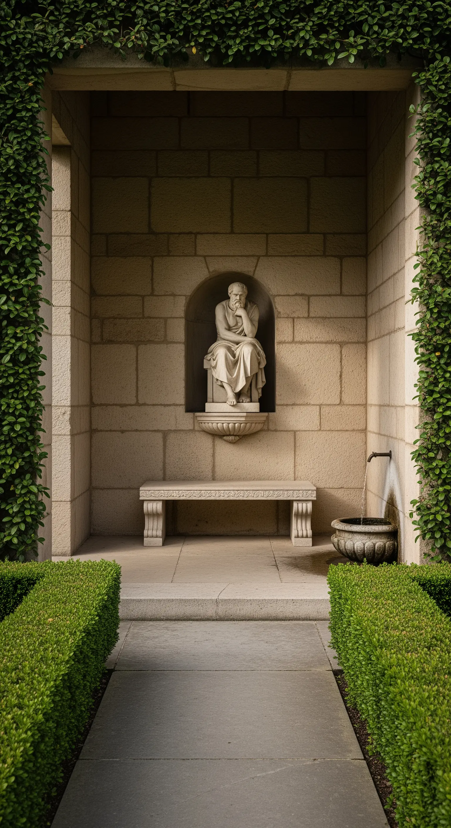 Angolo appartato in pietra con panchina, statua pensierosa in una nicchia e piccola fontana.