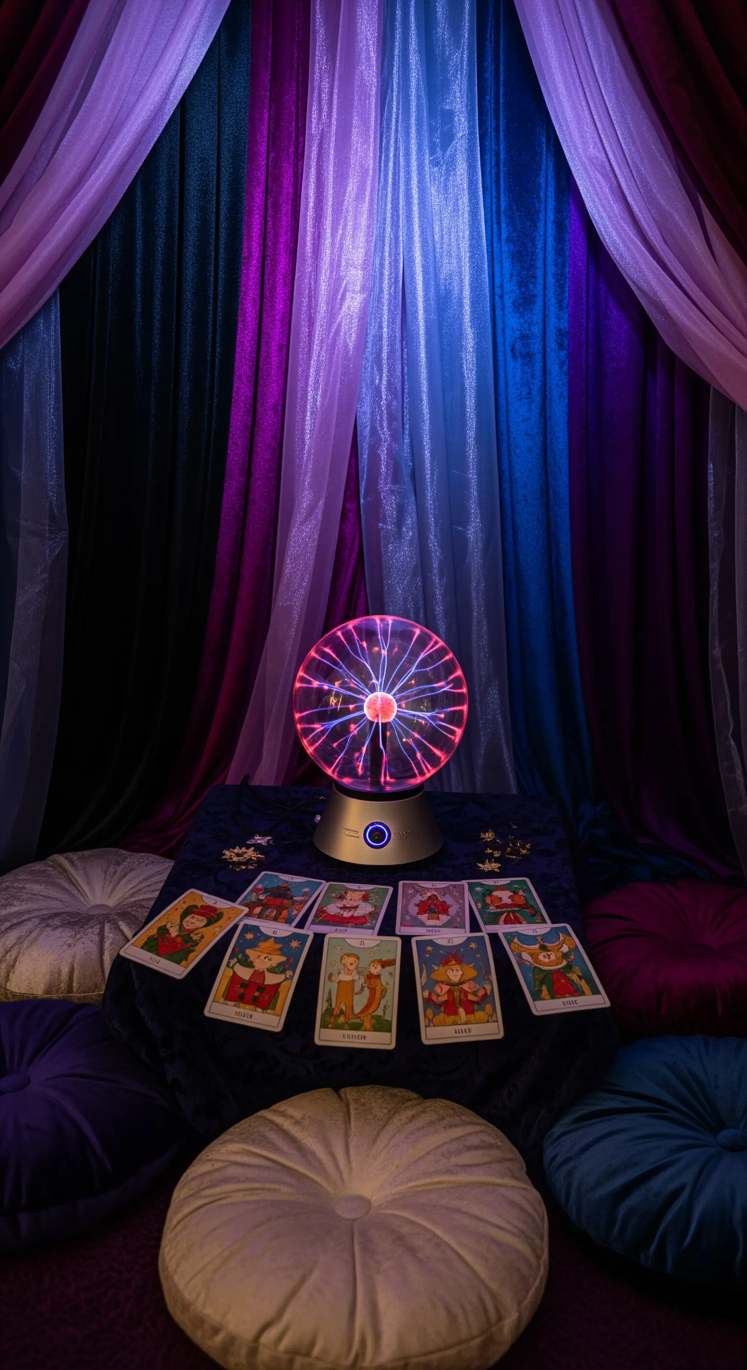 Angolo a tema indovina con sfera al plasma, tarocchi e tessuti in velluto viola e blu.