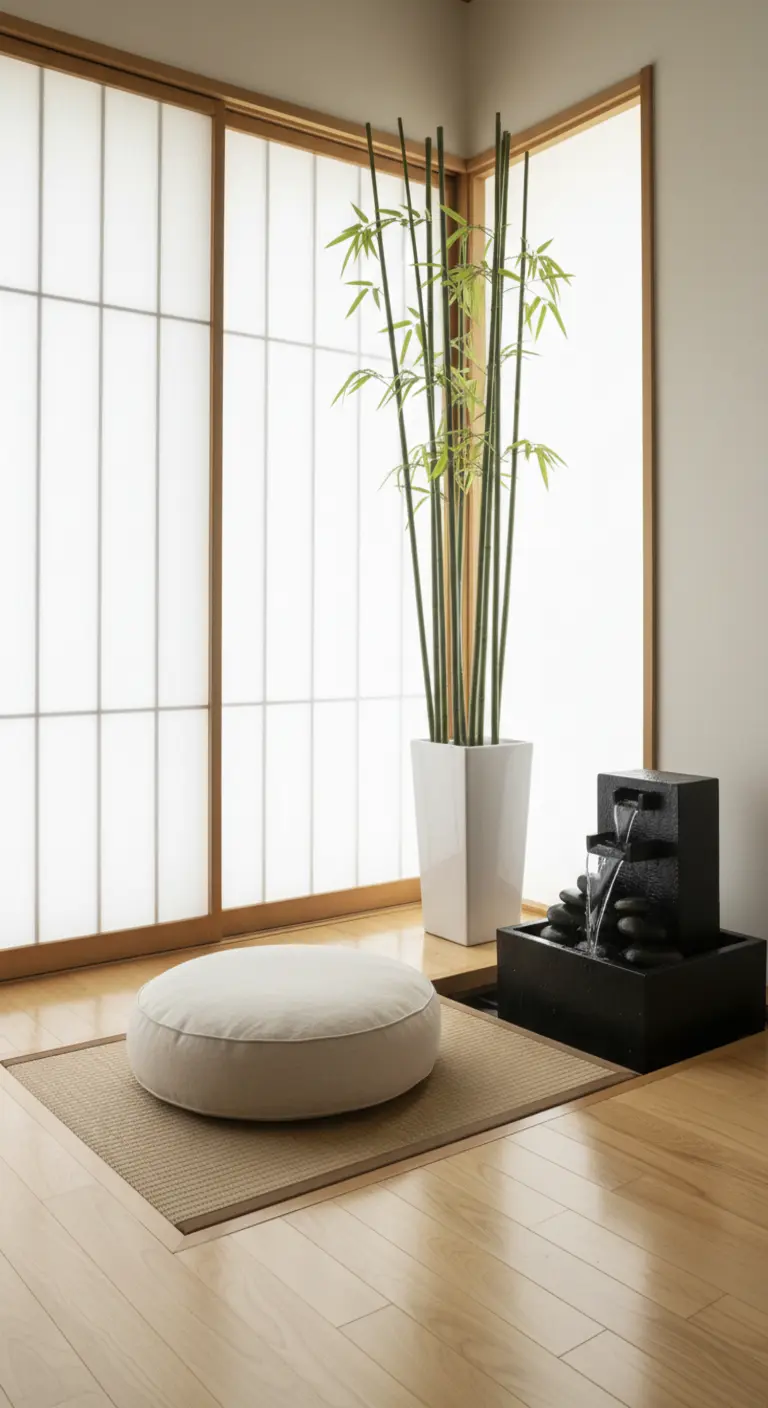Angolo per la meditazione con tatami, cuscino, pianta di bambù e una piccola fontana.