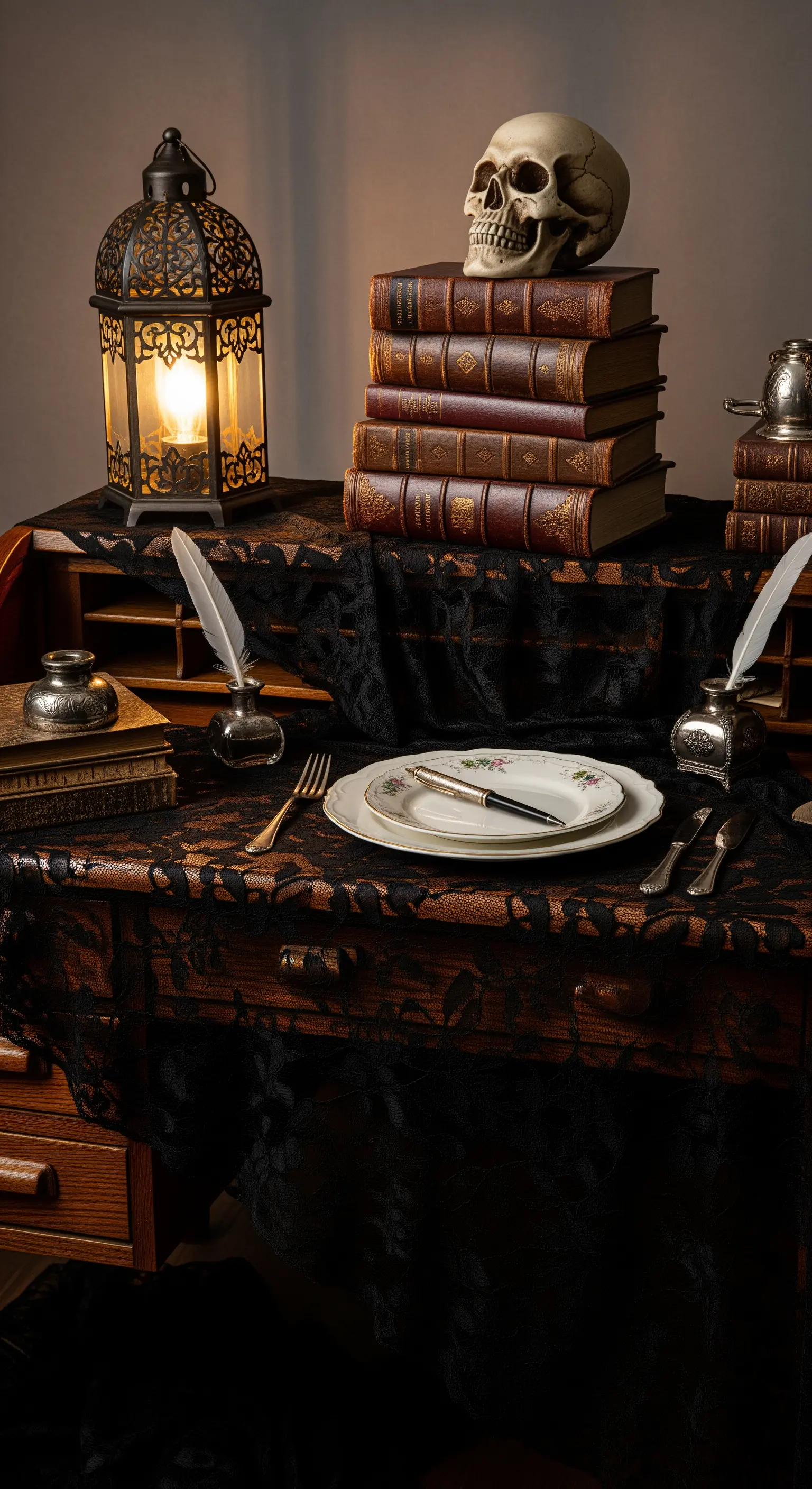 Angolo vintage di Halloween con teschio, libri antichi e pizzo nero.