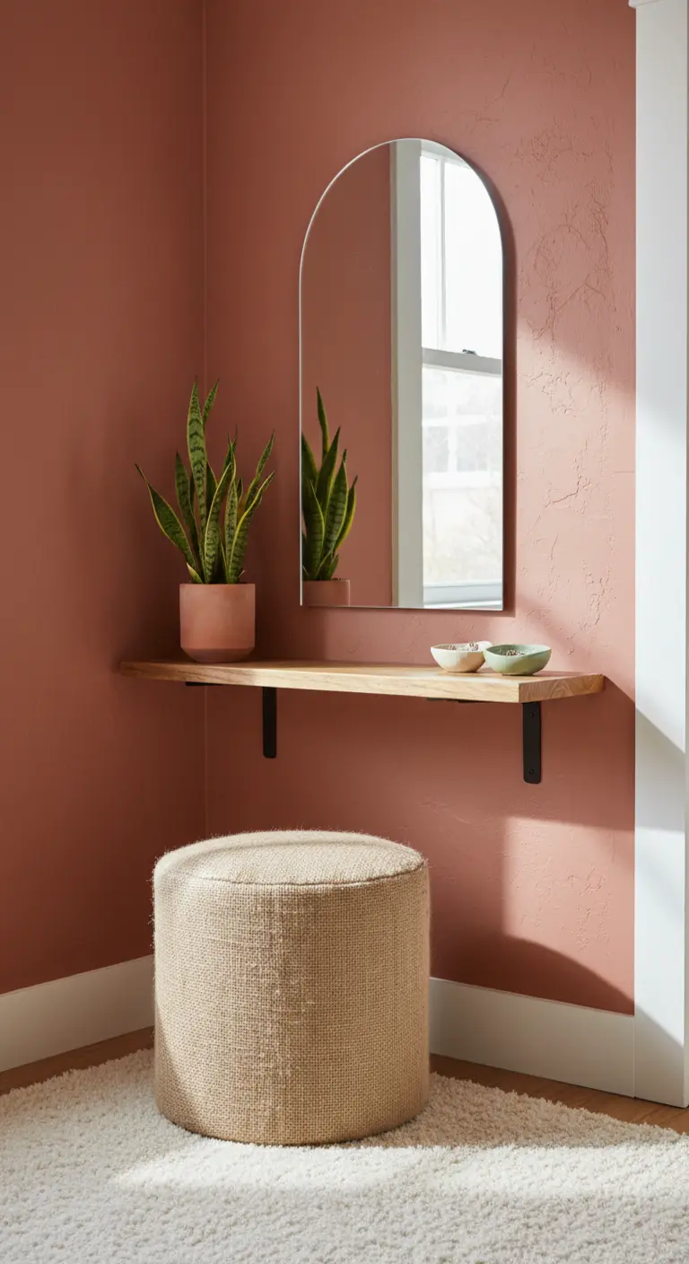 Angolo con mensola in legno, specchio ad arco, pouf in iuta e pianta di Sansevieria.