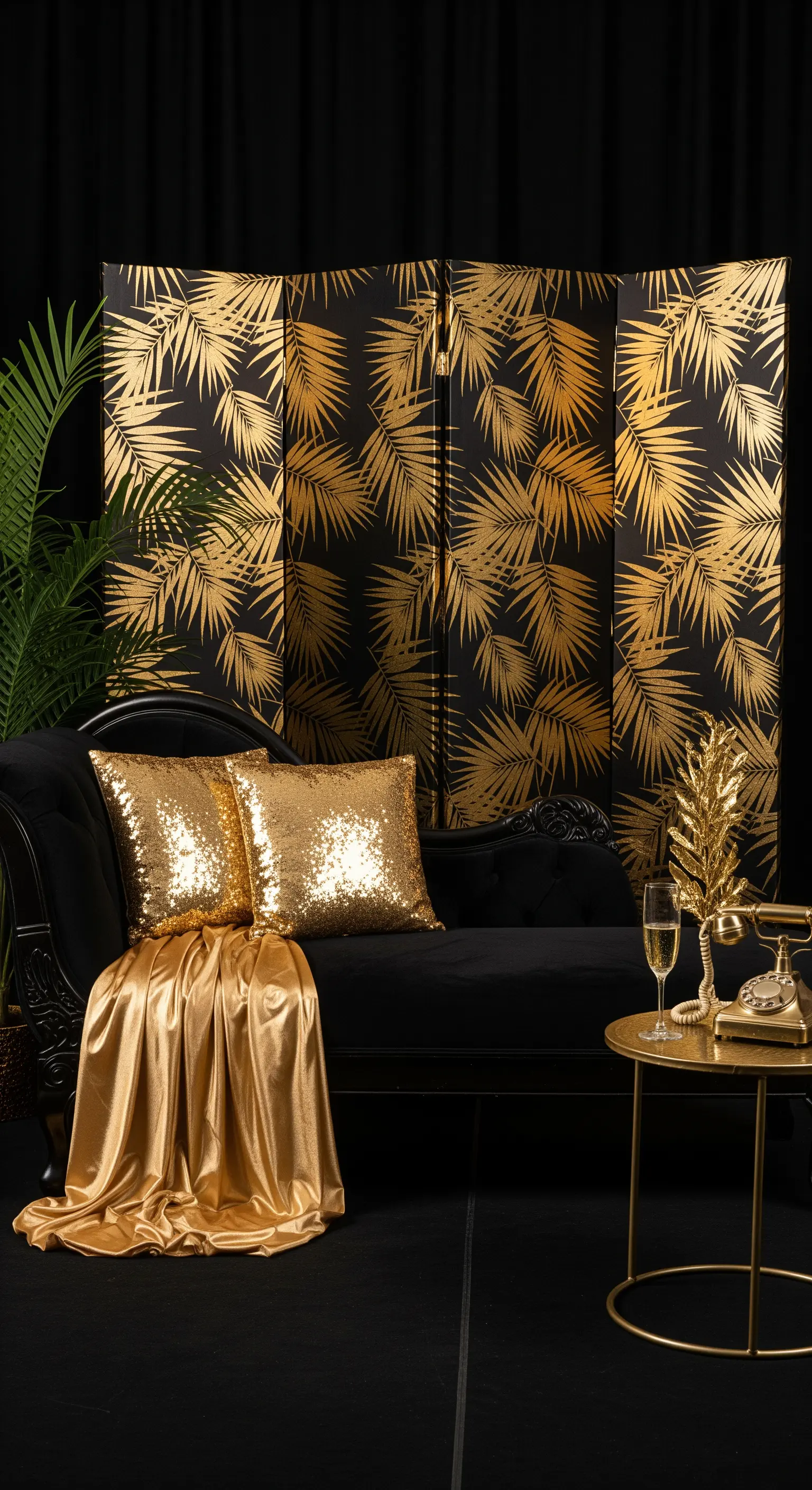 Angolo fotografico con paravento a motivi tropicali, divanetto in velluto e cuscini di paillettes.