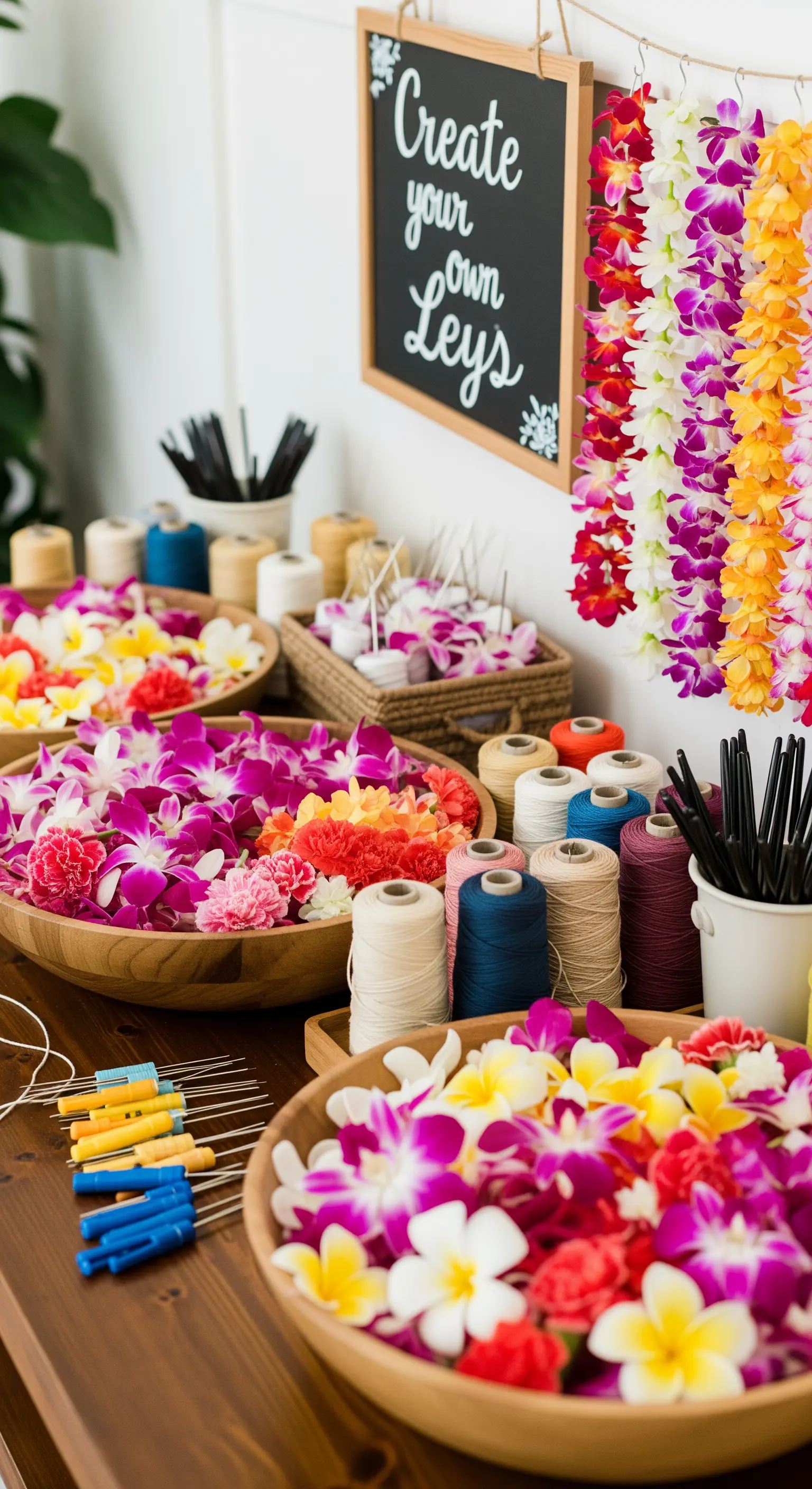 Stazione fai-da-te per creare collane di fiori hawaiane (lei) con ciotole di fiori freschi.