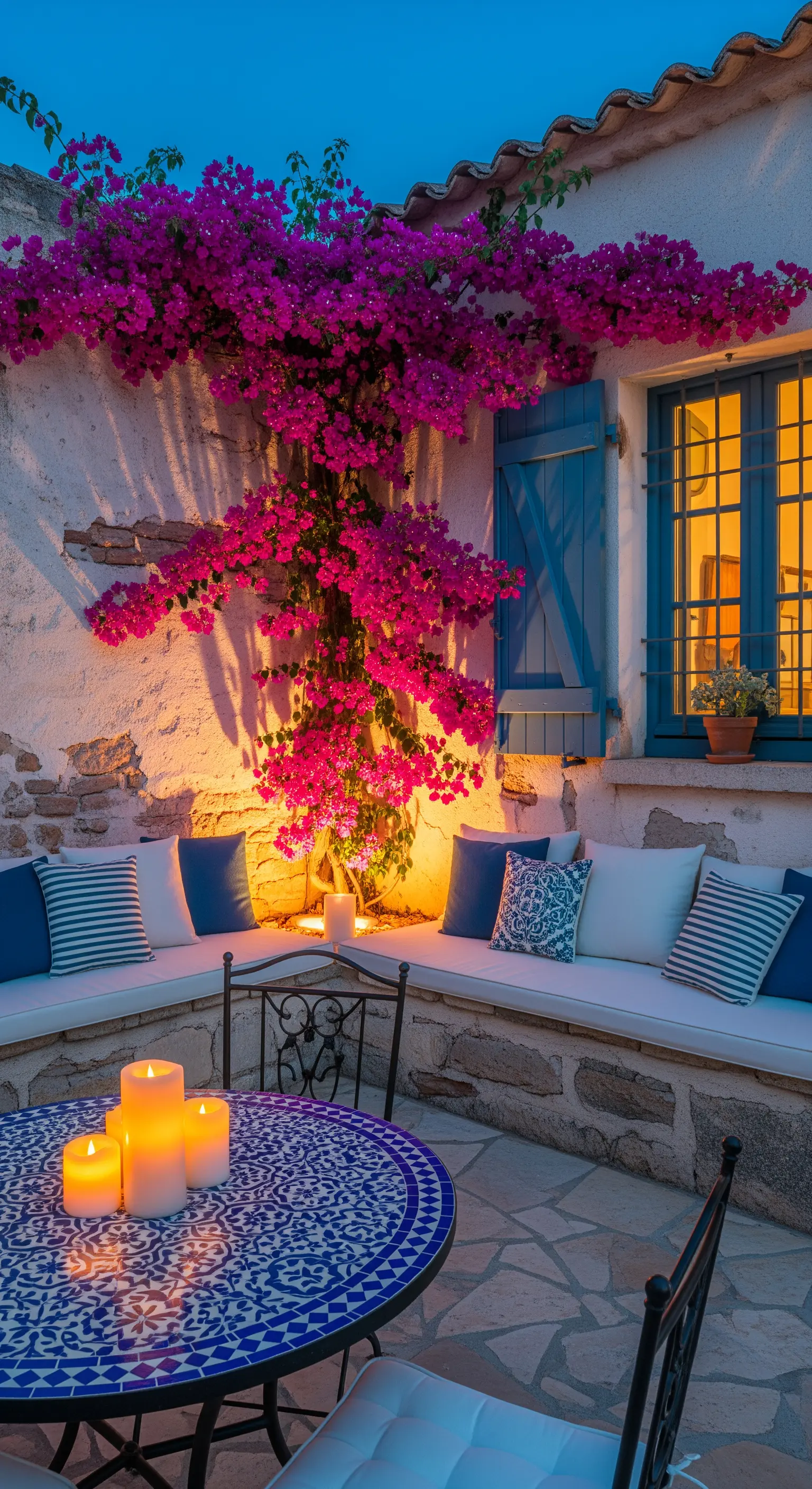 Angolo relax con sedute in muratura, bouganville illuminata e tavolo a mosaico blu.