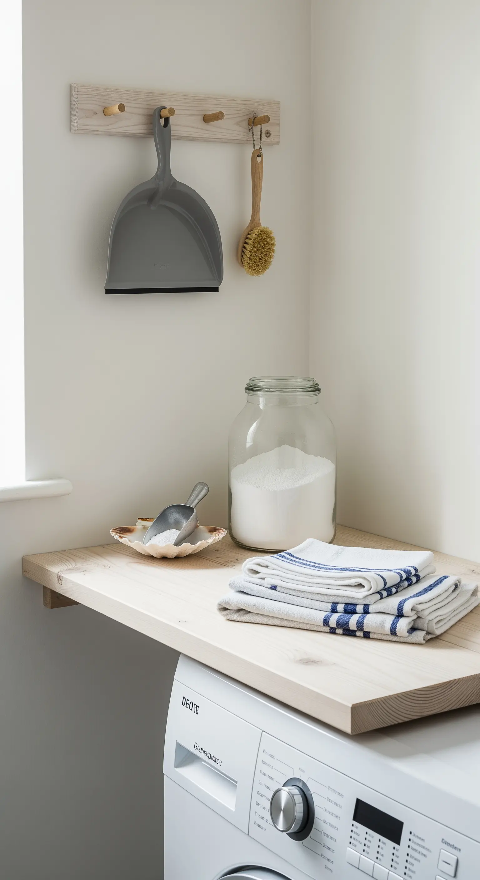 Angolo lavanderia con ripiano in legno, detersivo in un barattolo di vetro e strofinacci a righe.