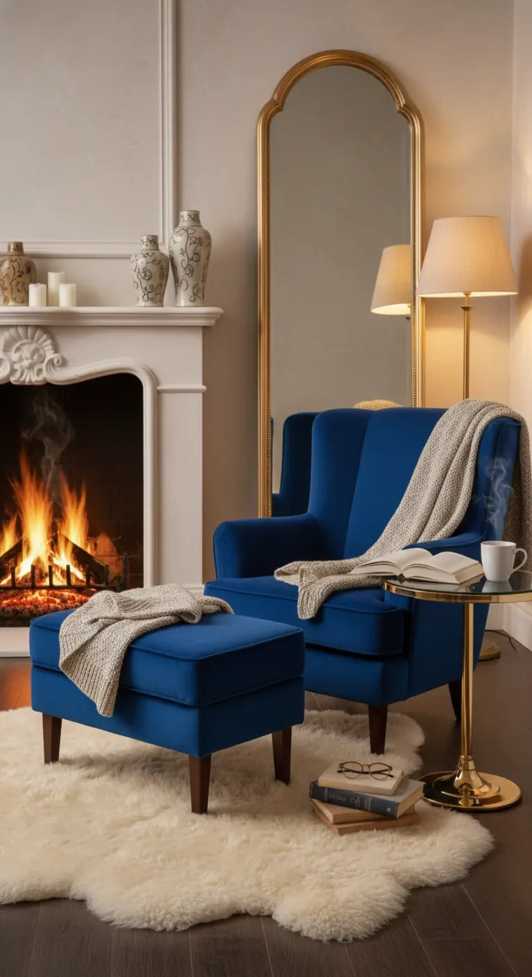 Poltrona in velluto blu accanto a un camino, con specchio dorato appoggiato alla parete.