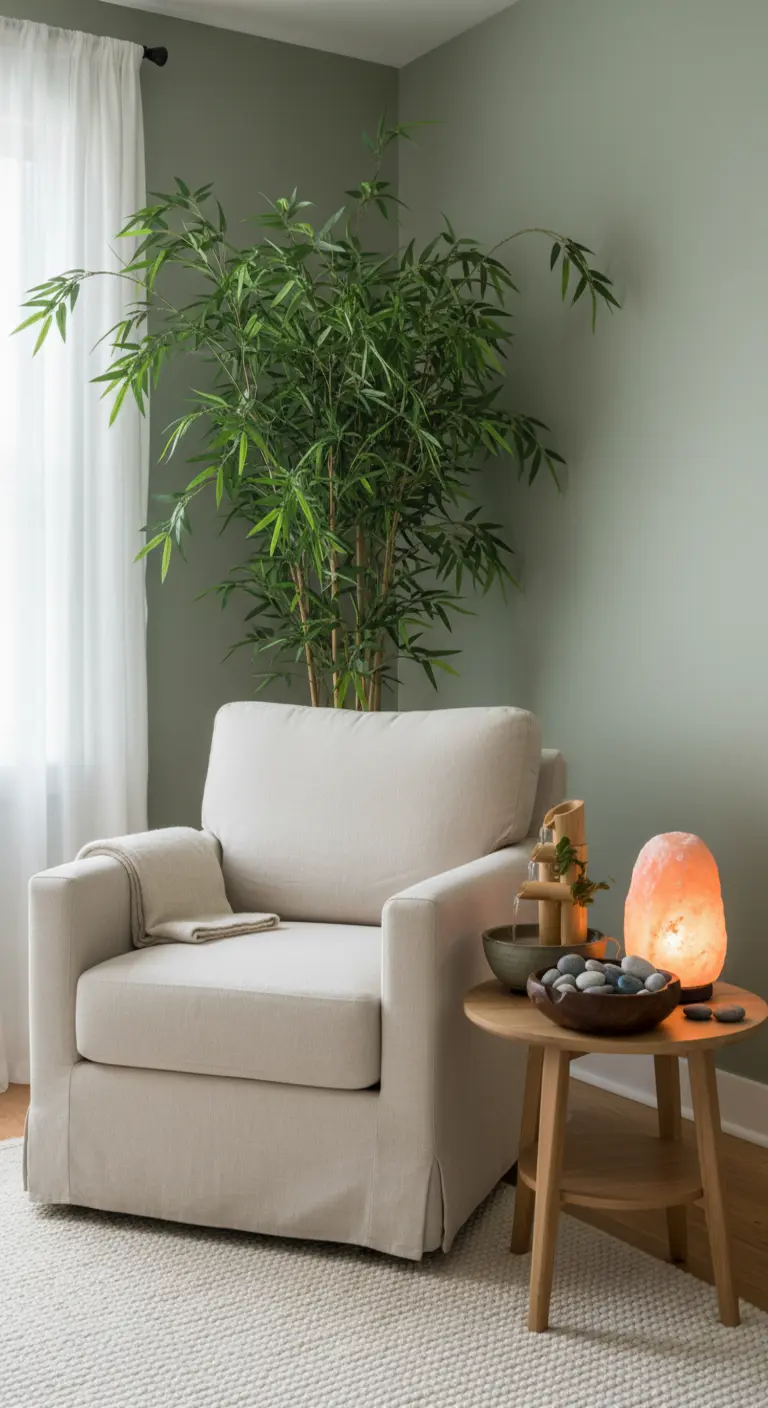 Angolo lettura con poltrona beige, lampada di sale rosa e tavolino con fontana in bambù.