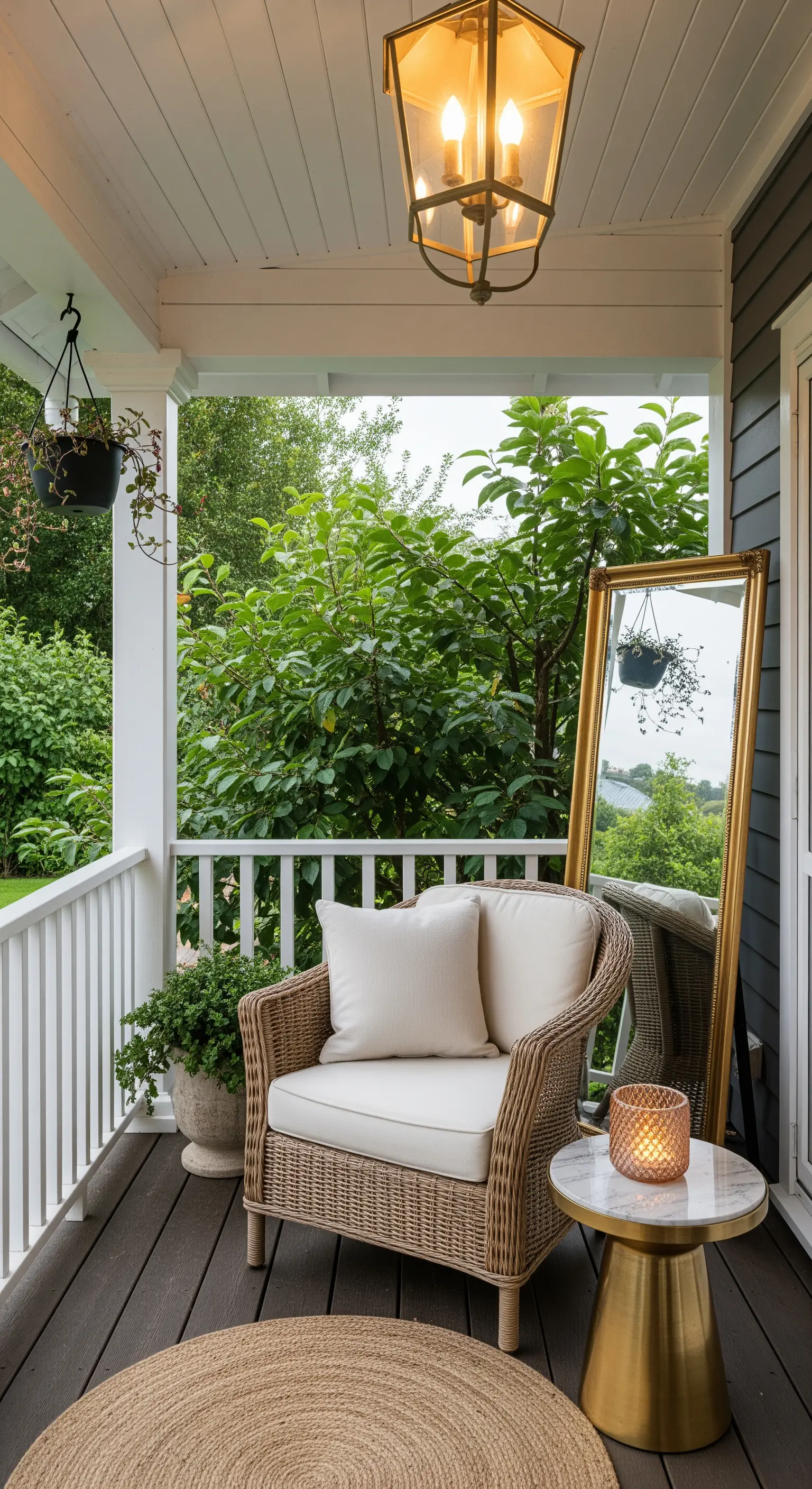 Angolo lettura su un portico con poltrona in vimini, specchio dorato e tavolino rotondo.