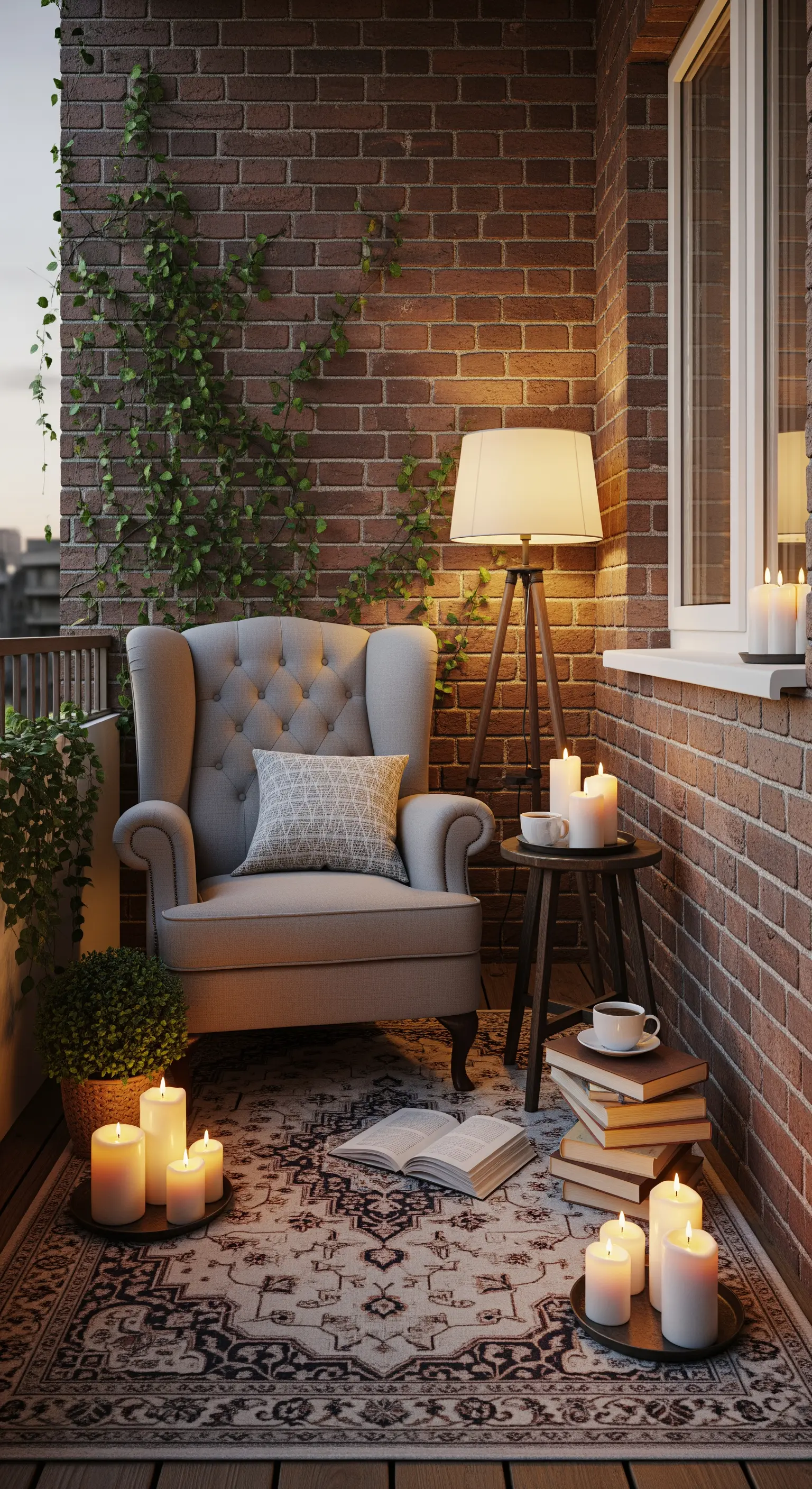 Angolo lettura su un balcone con poltrona, lampada, libri e tappeto persiano.